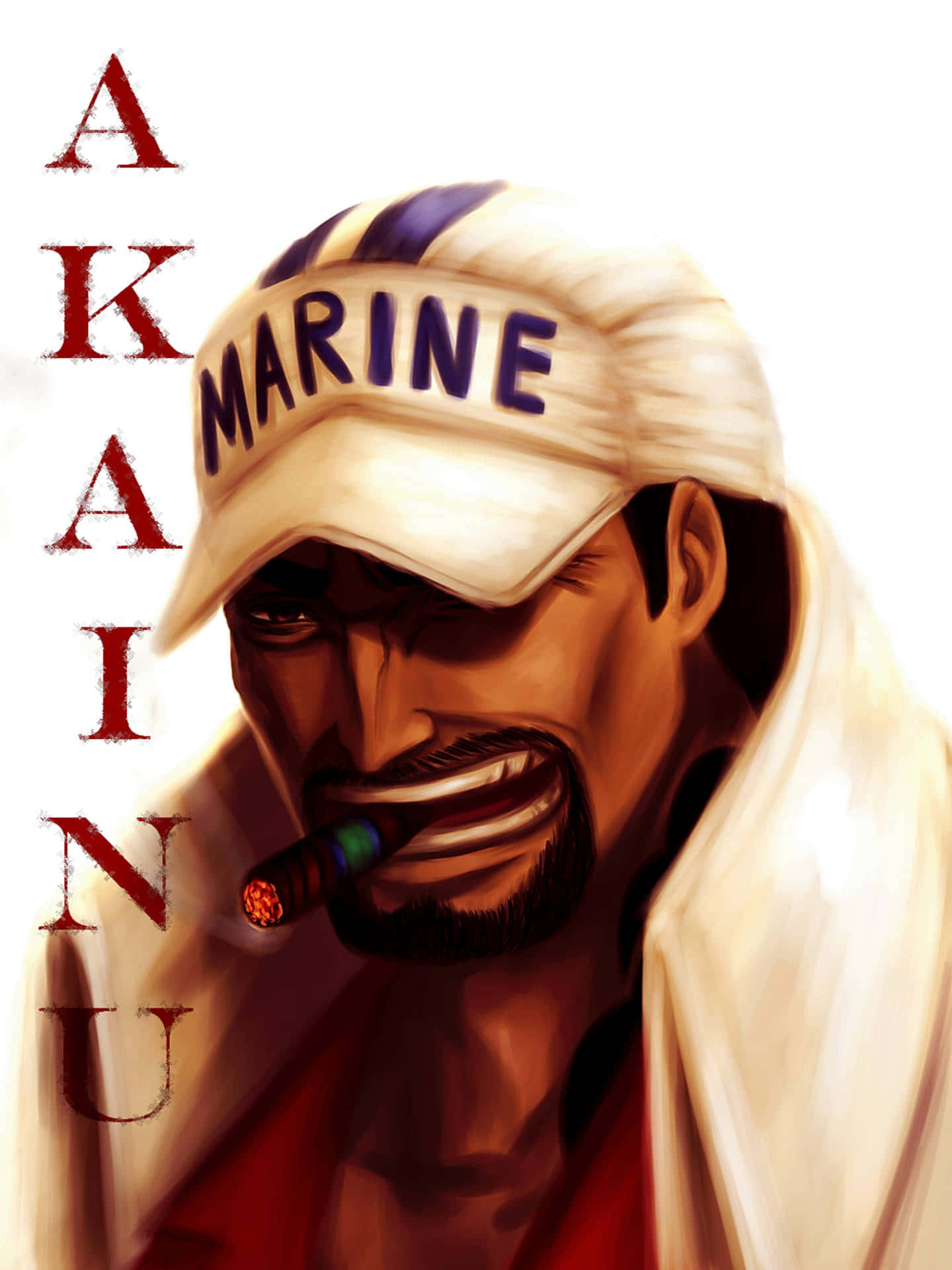 Marine Admiral 桌布 壁紙 — 一位嚴肅的海軍軍官，嘴裡叼著雪茄，戴著白色帽子，以戲劇性的動漫風格呈現，並配有粗體紅色文字。