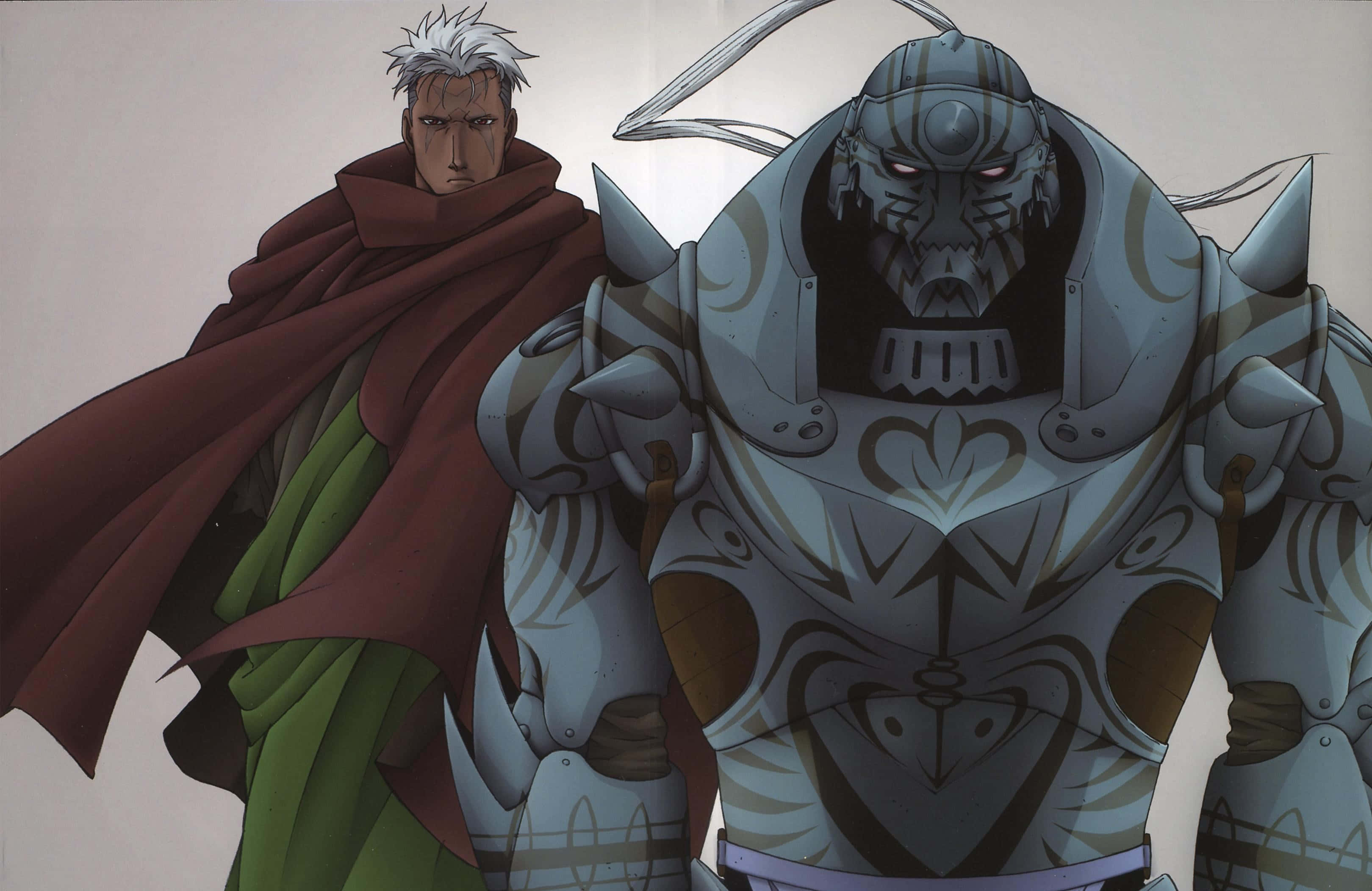 Fullmetal Alchemist Scar 桌布 壁紙 — 一位嚴肅的白髮戰士身穿紅色斗篷，站在一位擁有發光紅眼和華麗銀色板甲的高大裝甲騎士旁邊。