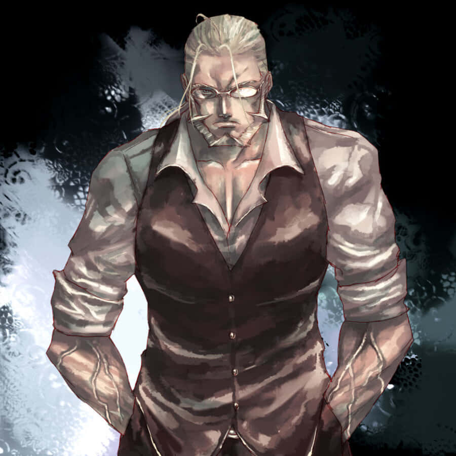 Van Hohenheim 桌布 壁紙 — 一位嚴肅的白髮戴眼鏡動漫男子，自信地穿著深色背心，站在暴風雨般的抽象背景前。