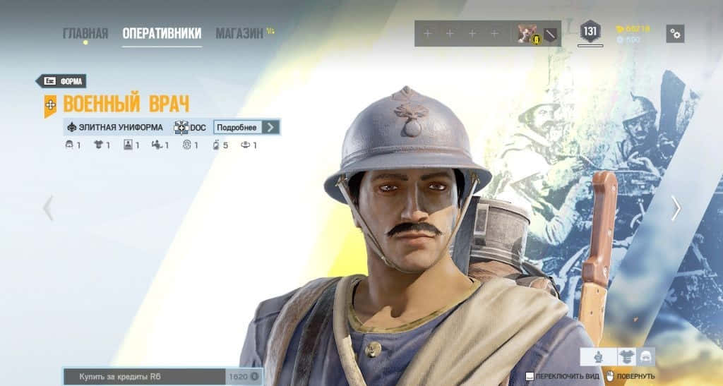 Rainbow Six Siege Doc 桌布 壁紙 — 一位嚴肅的第一次世界大戰士兵的數碼肖像，留有鬍子並戴著頭盔，在遊戲的角色自訂選單中顯示。