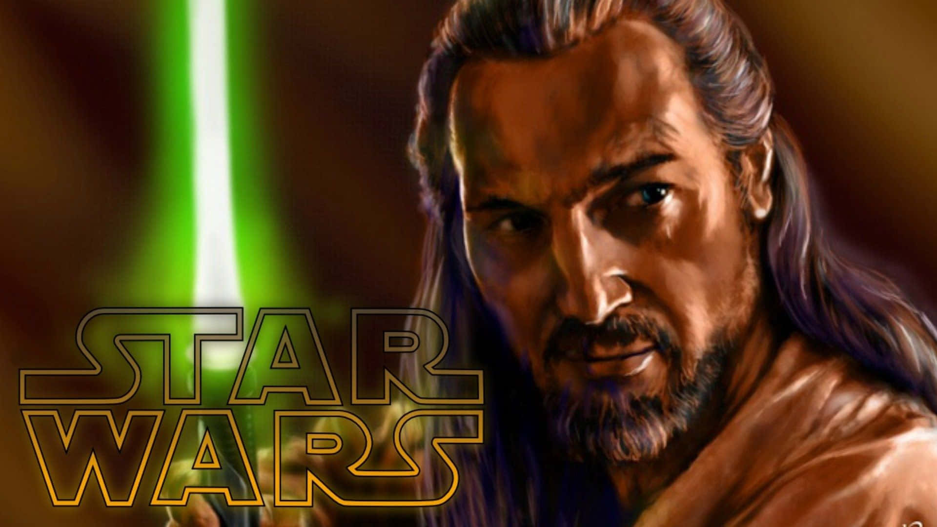Qui-gon Jinn 桌布 壁紙 — 一位嚴肅的絕地大師，長髮鬍鬚，手持發光的綠色光劍，背景溫暖模糊。
