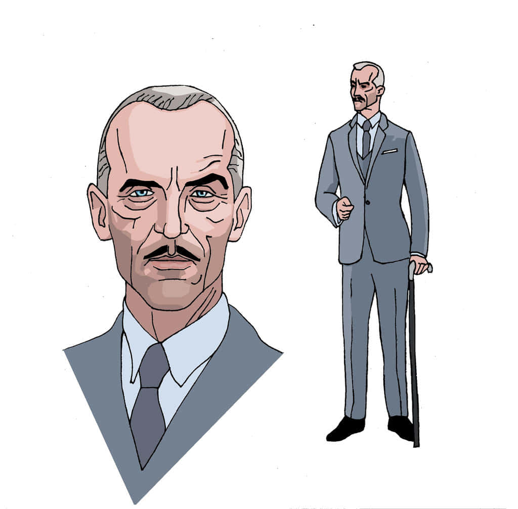 Alfred Pennyworth 桌布 壁紙 — 一位嚴肅的老年男子，留著鬍子，穿著灰色西裝，拄著手杖，以肖像和全身插圖展示。