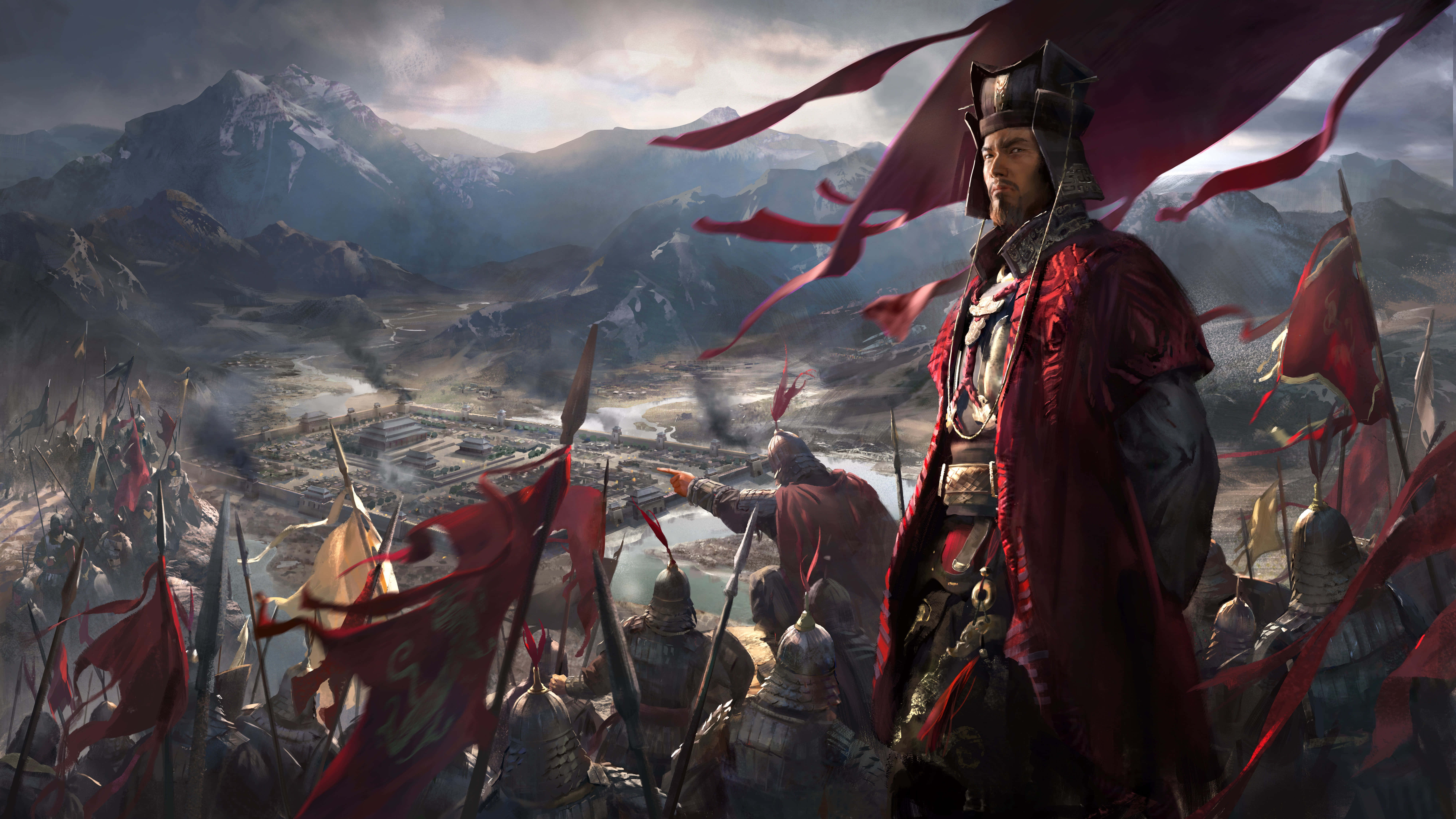 Total War Rome 2 桌布 壁紙 — 一位嚴肅的軍閥身穿紅色盔甲，站在山頂俯瞰戰場，紅色旗幟在暴風雨的天空下飄揚。