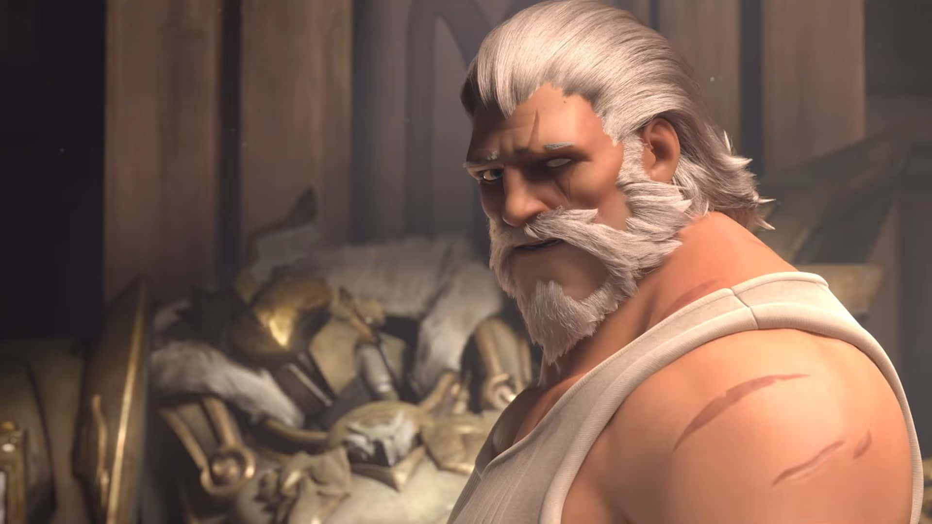 Overwatch Reinhardt 桌布 壁紙 — 一位嚴肅的鬍鬚戰士，白髮和戰鬥傷疤，在一個光線昏暗、充滿盔甲的房間裡凝視著。