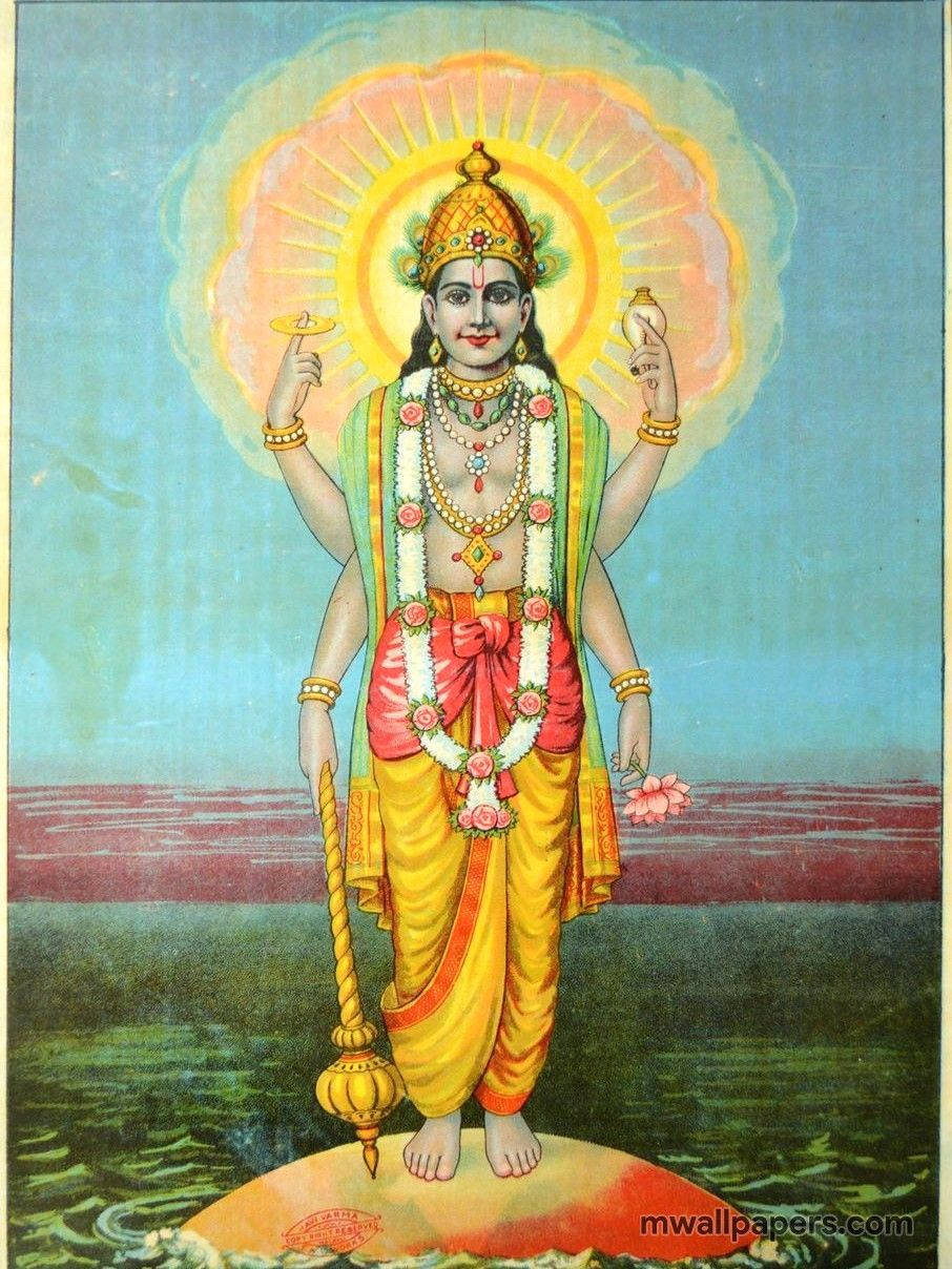 Vishnu 桌布 壁紙 — 一位四臂印度教神祇帶有光輝光環，赤腳站在水中的蓮花上，穿著金色和紅色的衣服並飾有花環。