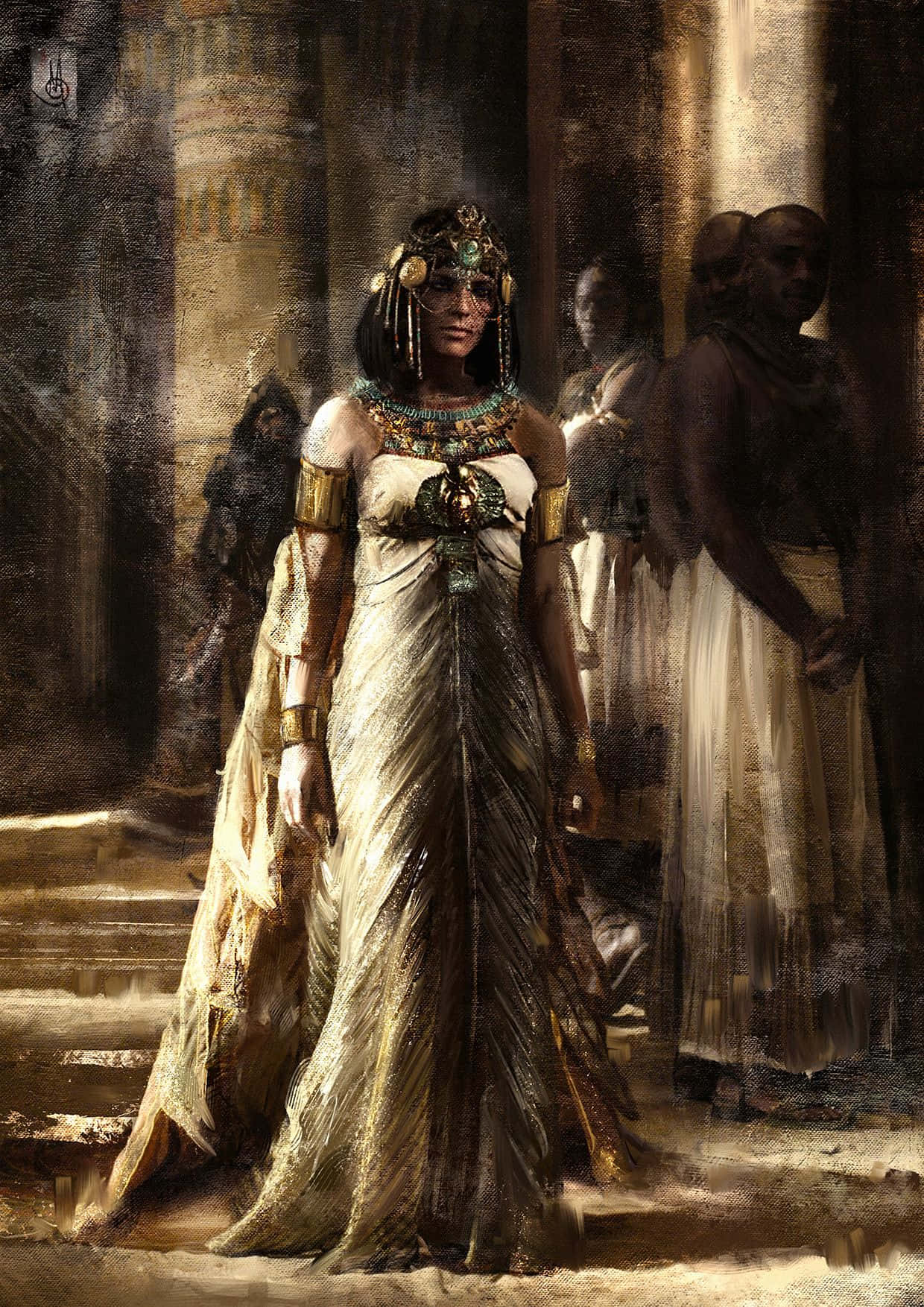 Cleopatra 桌布 壁紙 — 一位埃及女王身穿華麗的金色和綠松石服飾，莊嚴地站在陽光普照的神殿走廊中，背景有侍從。