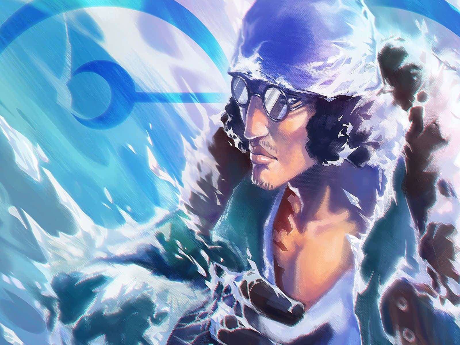One Piece Characters 桌布 壁紙 — 一位堅定的動漫戰士，戴著護目鏡和帽子，在動態的冰霜戰鬥場景中揮舞著冰冷的藍色能量。