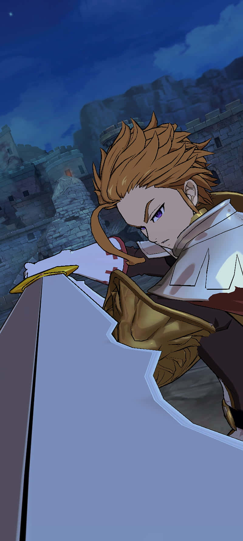 Seven Deadly Sins Arthur Pendragon 桌布 壁紙 — 一位堅定的動漫戰士，擁有刺狀棕色頭髮，在暮色中靠在一把劍上，背景是石頭堡壘。