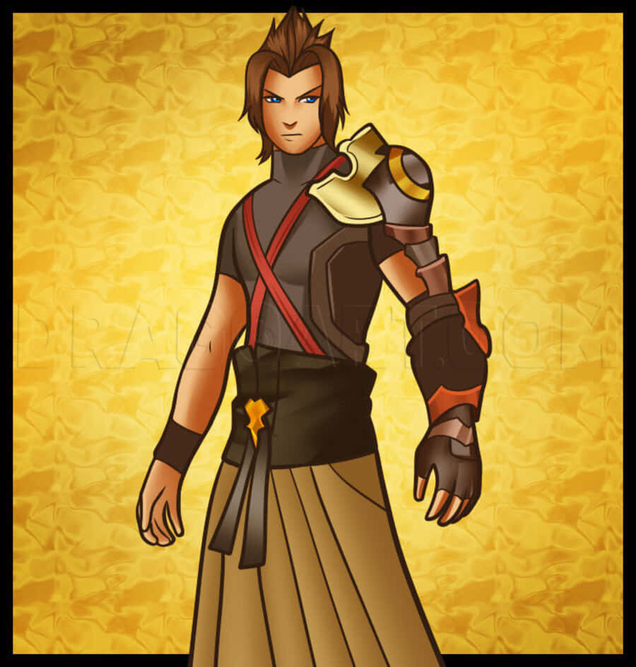 Kingdom Hearts Terra 桌布 壁紙 — 一位堅定的動漫戰士，擁有刺狀棕色頭髮和藍色眼睛，站在紋理金黃色背景前，穿著帶有紅色帶子和星星徽章的深色盔甲。