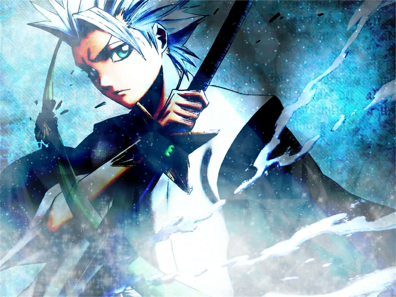 Toshiro Hitsugaya 桌布 壁紙 — 一位堅定的動漫戰士，擁有尖刺的白髮，在旋轉的藍色能量和破碎的碎片中揮舞著發光的劍。