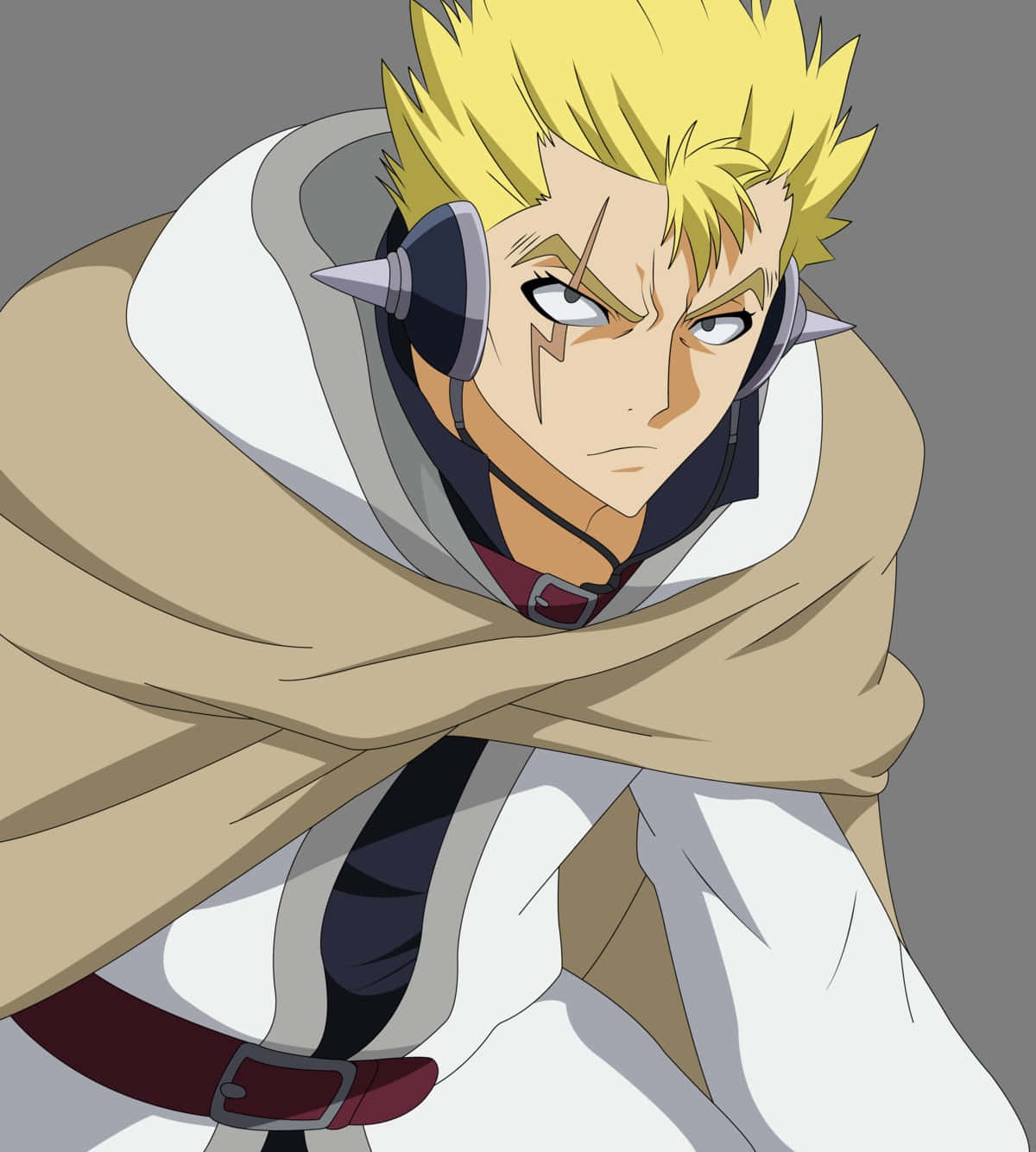 Laxus Dreyar 桌布 壁紙 — 一位堅定的動漫戰士，擁有尖刺金髮和米色斗篷，在灰色背景下凝視著。