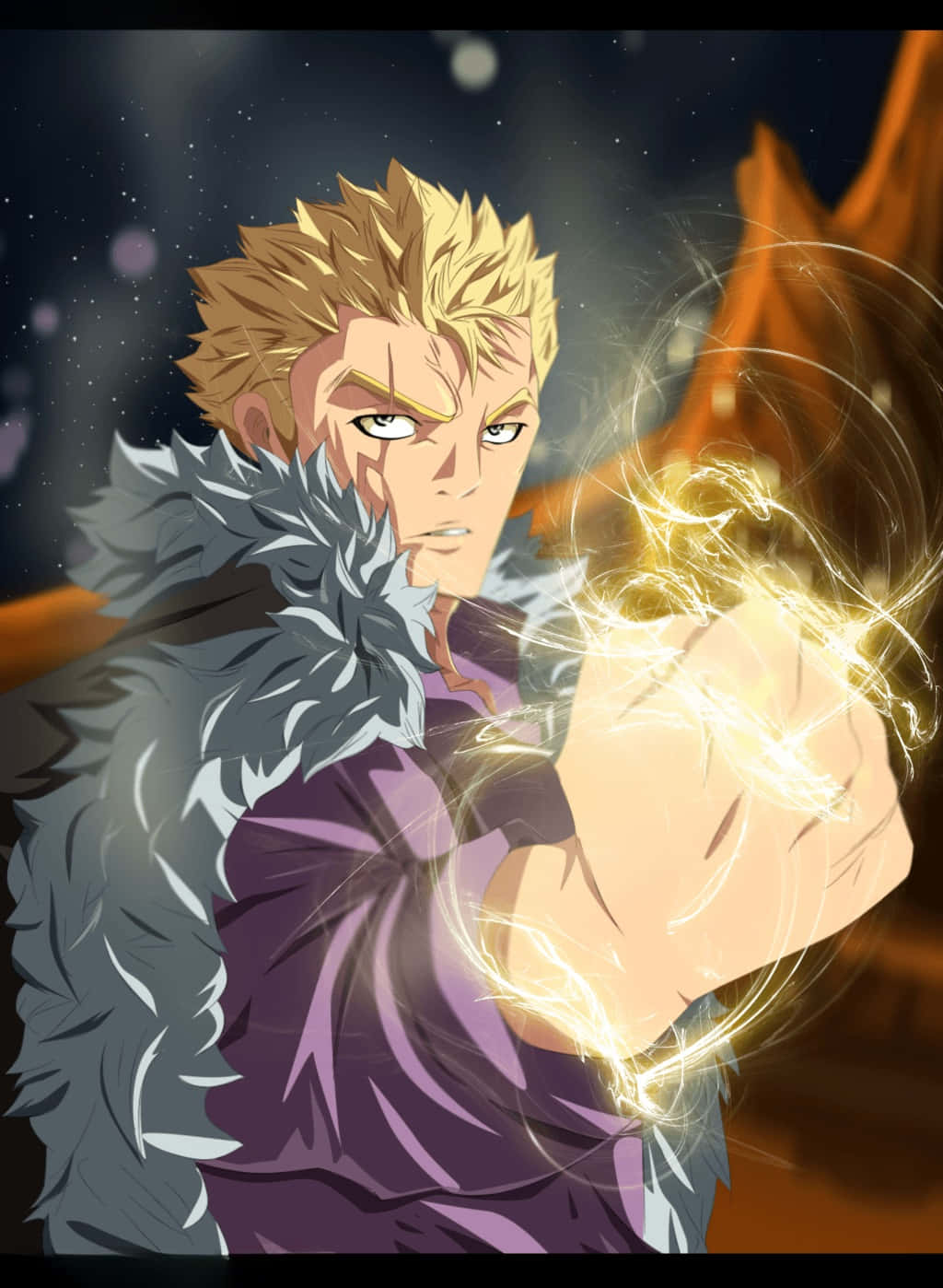 Laxus Dreyar 桌布 壁紙 — 一位堅定的動漫戰士，擁有尖刺金髮，在黑暗星空環境中引導發光的金色能量。
