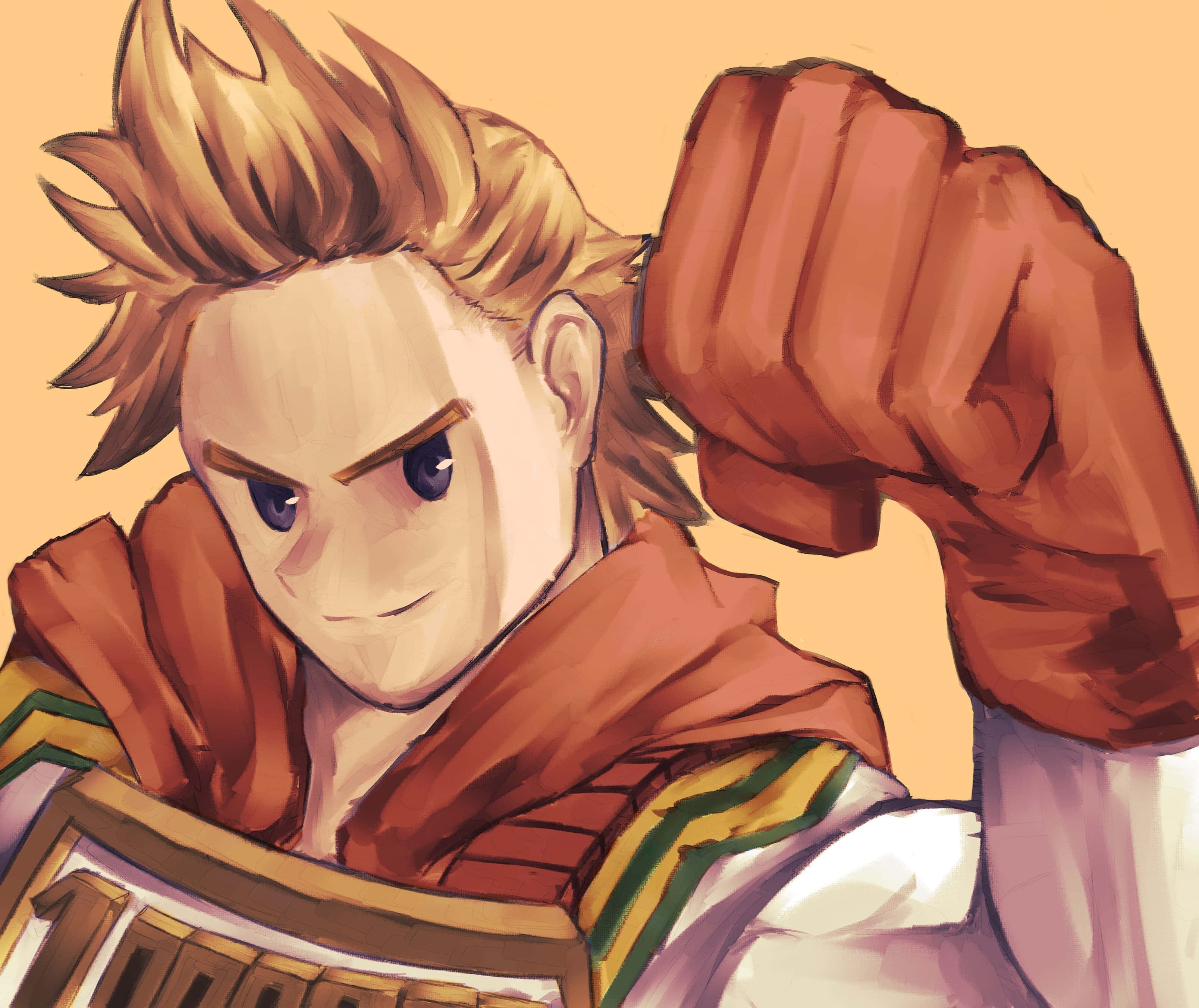 Mirio Togata 桌布 壁紙 — 一位堅定的動漫戰士，有著刺蝟般的金色頭髮和緊握的拳頭，在溫暖的色調中專注地向前凝視。