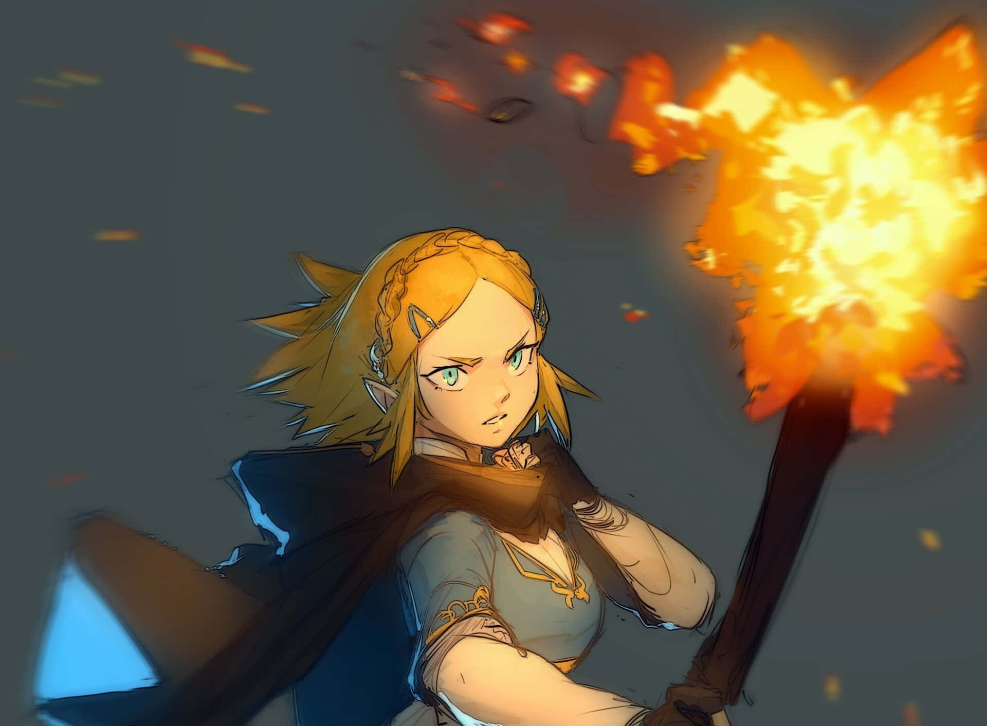 The Legend Of Zelda Tears Of The Kingdom 桌布 壁紙 — 一位堅定的動漫戰士，梳著辮子金髮，在深灰色背景下揮舞著燃燒的火把。