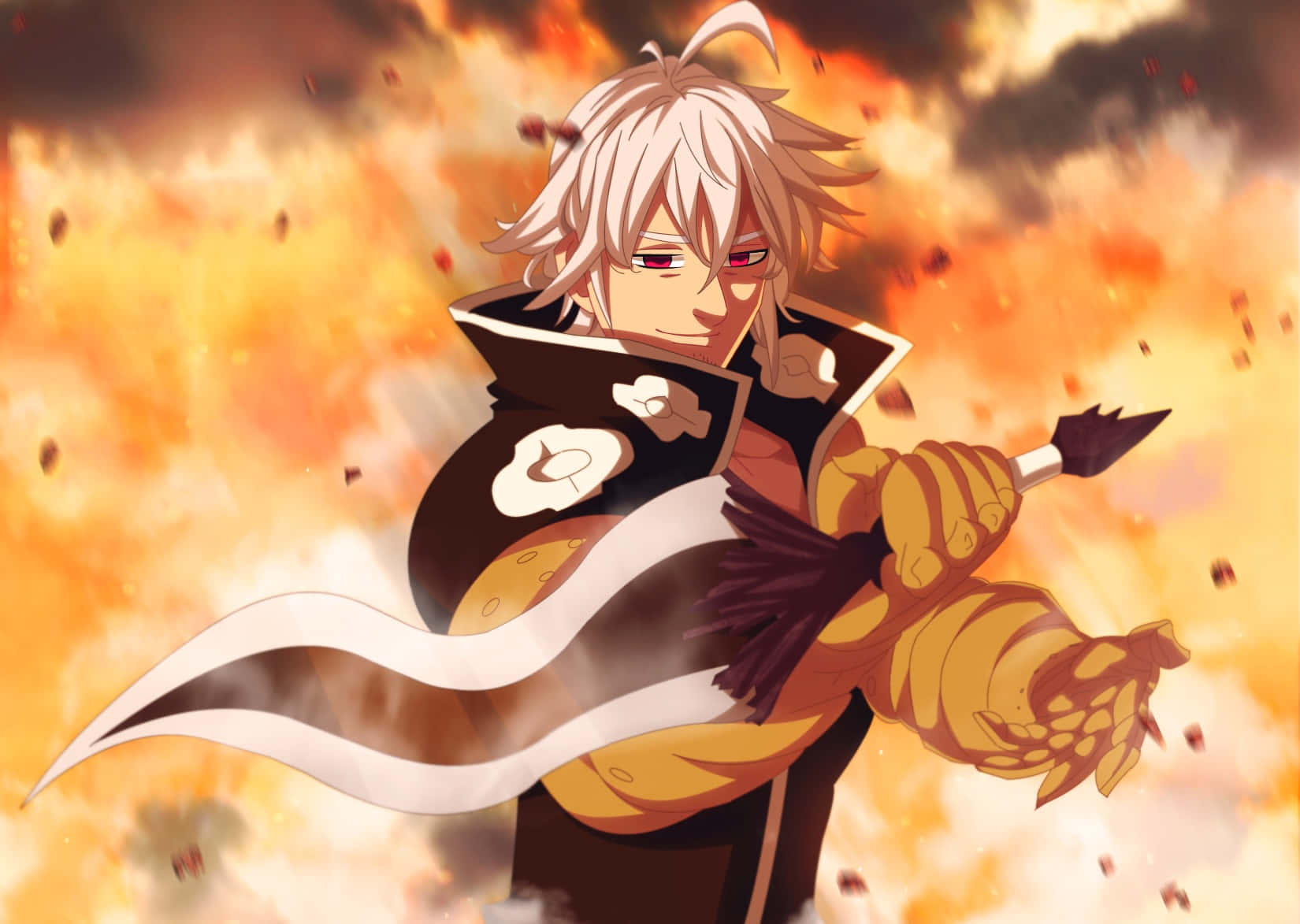Seven Deadly Sins Estarossa 桌布 壁紙 — 一位堅定的動漫戰士，白髮紅眼，在熾熱的橙色爆炸和墜落的碎片中揮舞著劍。