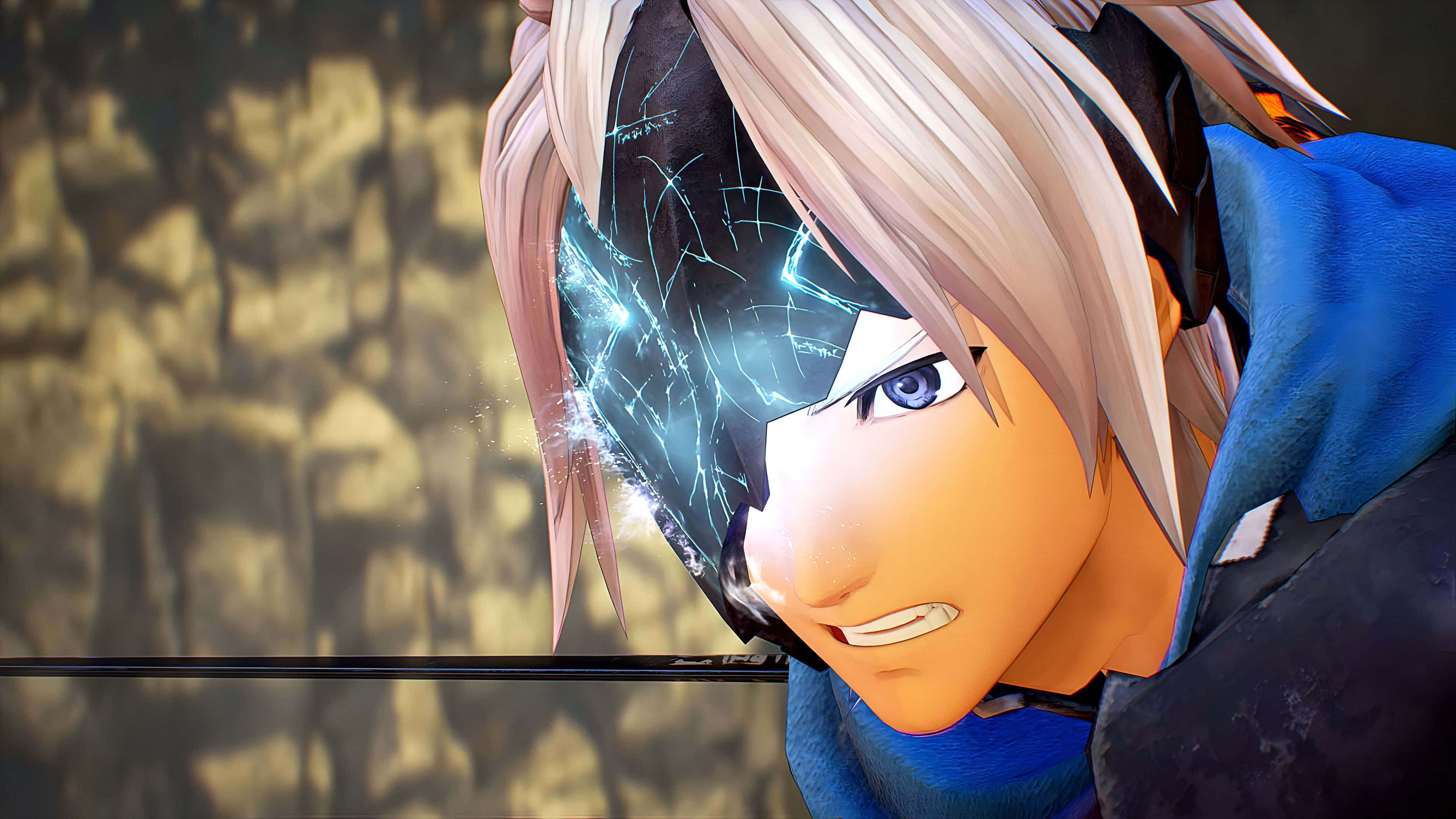Tales Of Arise 桌布 壁紙 — 一位堅定的動漫戰士，藍色發光能量在他戴面具的臉上和白髮上噼啪作響。