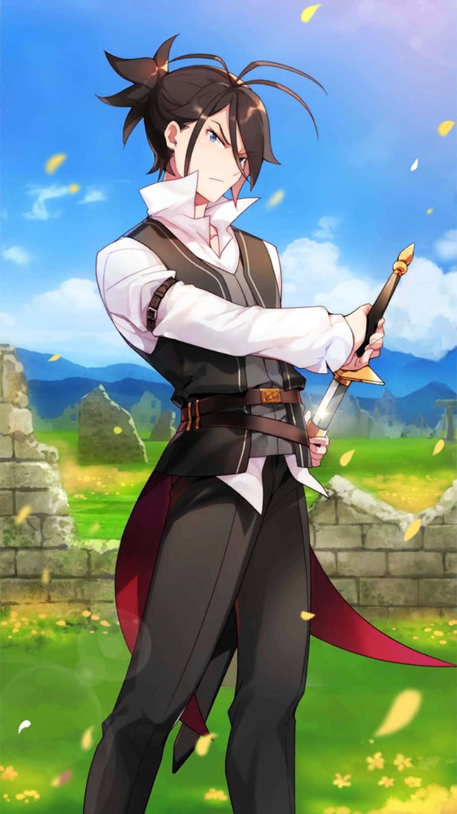 Wilhelm Van Astrea 桌布 壁紙 — 一位堅定的動漫戰士，黑髮帶紅色點綴，站在陽光照耀的田野中，手持劍，秋葉在他周圍飄舞。