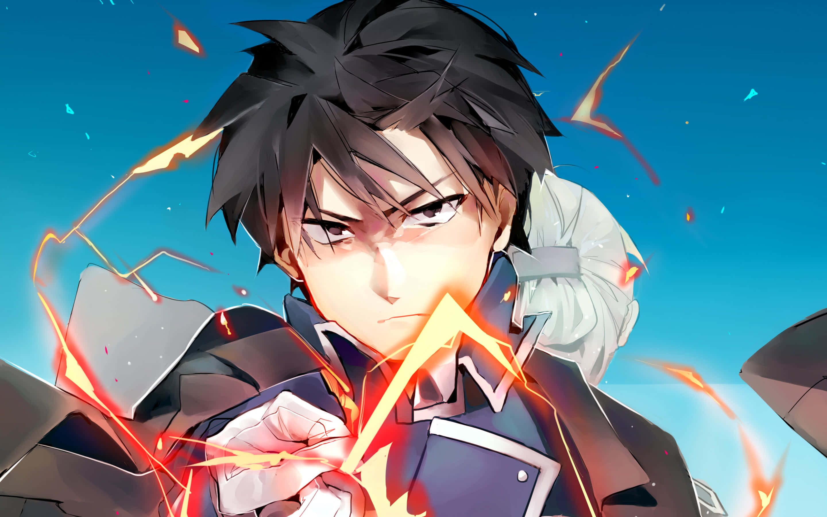 Roy Mustang 桌布 壁紙 — 一位堅定的動漫戰士將熾熱的能量通過雙手引向充滿活力的藍天。