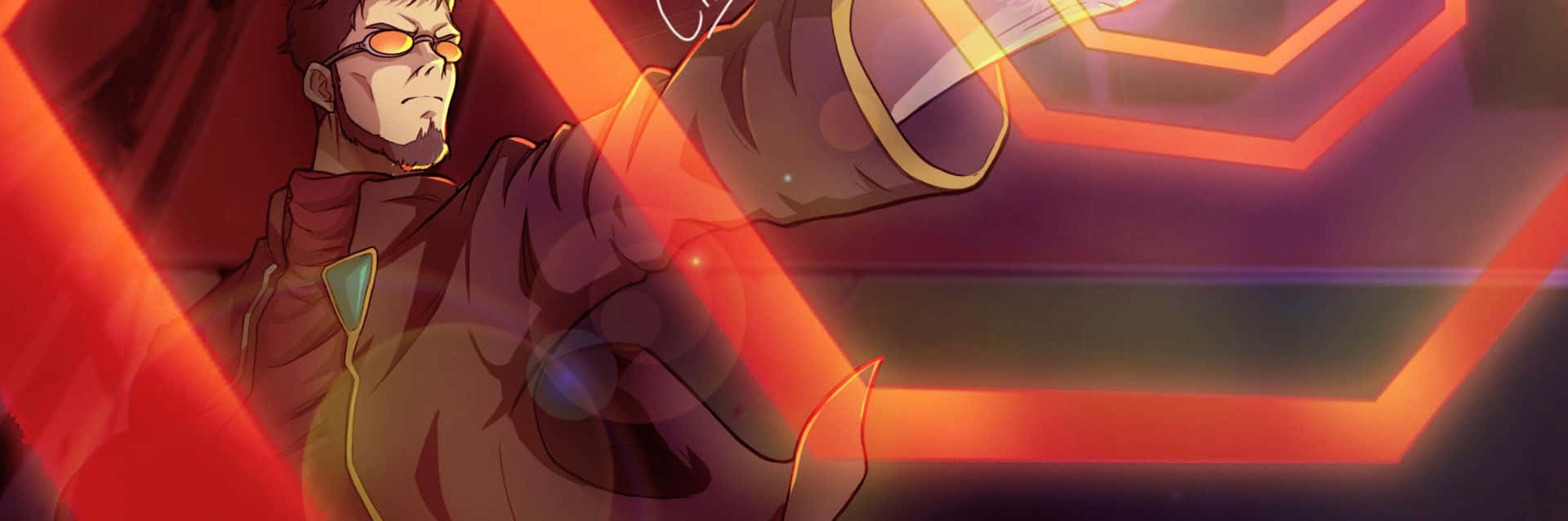 Gendo Ikari 桌布 壁紙 — 一位堅定的動漫戰士戴著發光的橙色護目鏡，在充滿活力的霓虹紅色幾何光束中揮舞著劍。