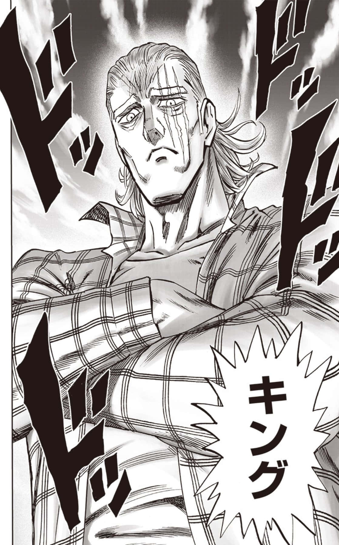 One Punch Man King 桌布 壁紙 — 一位堅定的動漫戰士穿著格子襯衫，咬緊牙關，汗水與淚水交織，大膽的擬聲詞在他周圍爆發。
