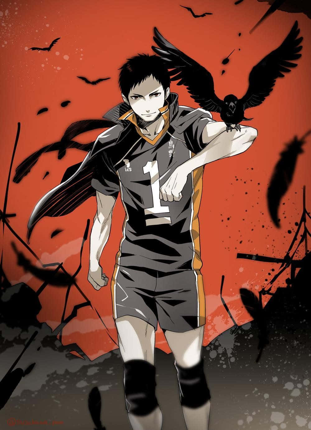 Daichi Sawamura 桌布 壁紙 — 一位堅定的動漫排球運動員身穿一號球衣，站在火紅的天空下，黑色鳥類和羽毛在他周圍旋轉。
