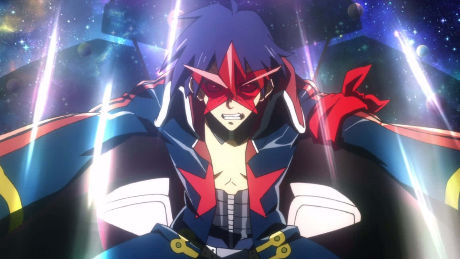 Gurren Lagann Simon 桌布 壁紙 — 一位堅定的動漫英雄，戴著紅色面具和藍色斗篷，在宇宙星空中英勇站立，伴隨著發光的光束。
