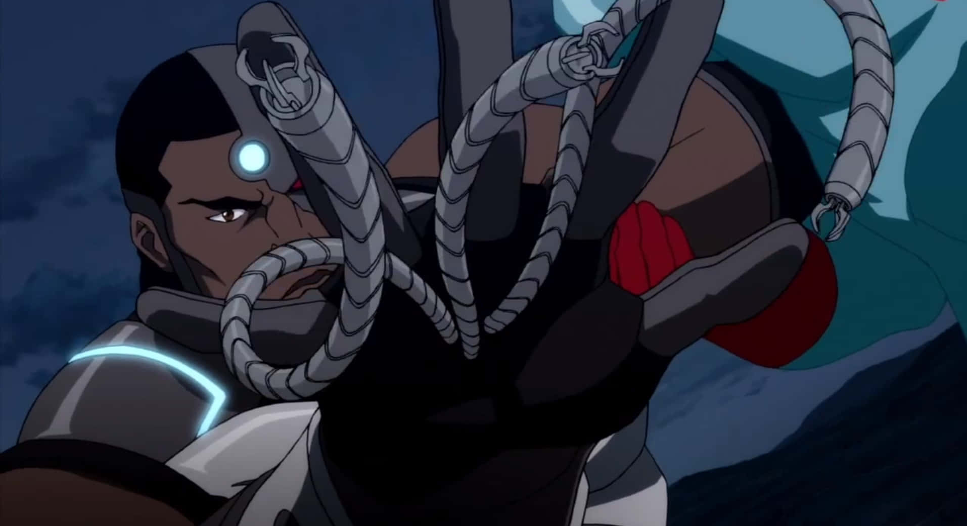 Justice League The Flashpoint Paradox 桌布 壁紙 — 一位堅定的動漫英雄，擁有發光的藍色眼睛和機械觸手纏繞在身上，背景是深藍色的夜空。