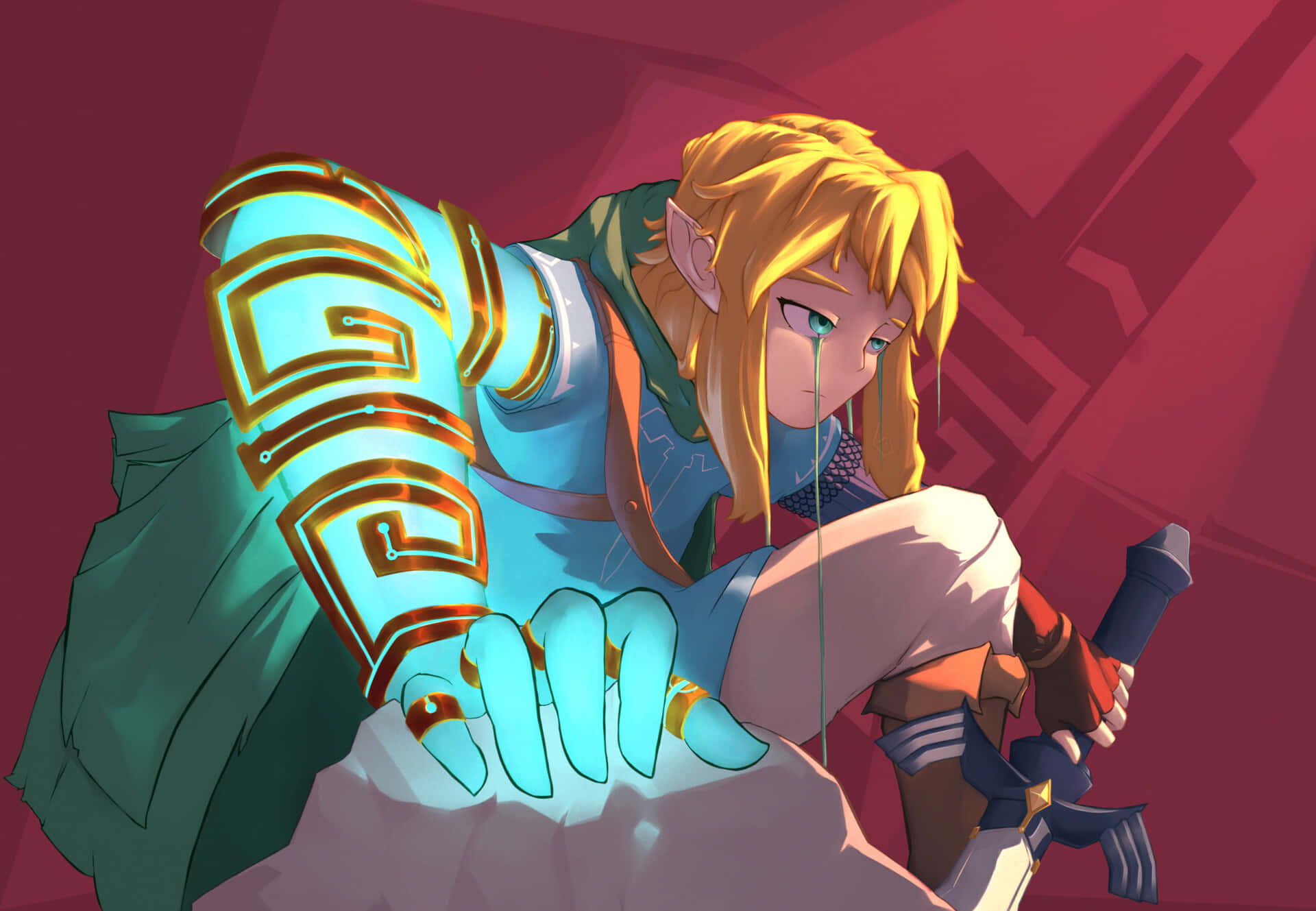 The Legend Of Zelda Tears Of The Kingdom 桌布 壁紙 — 一位堅定的動漫英雄，金髮和發光的藍色護手，跪著手持劍，背景是深紅色。