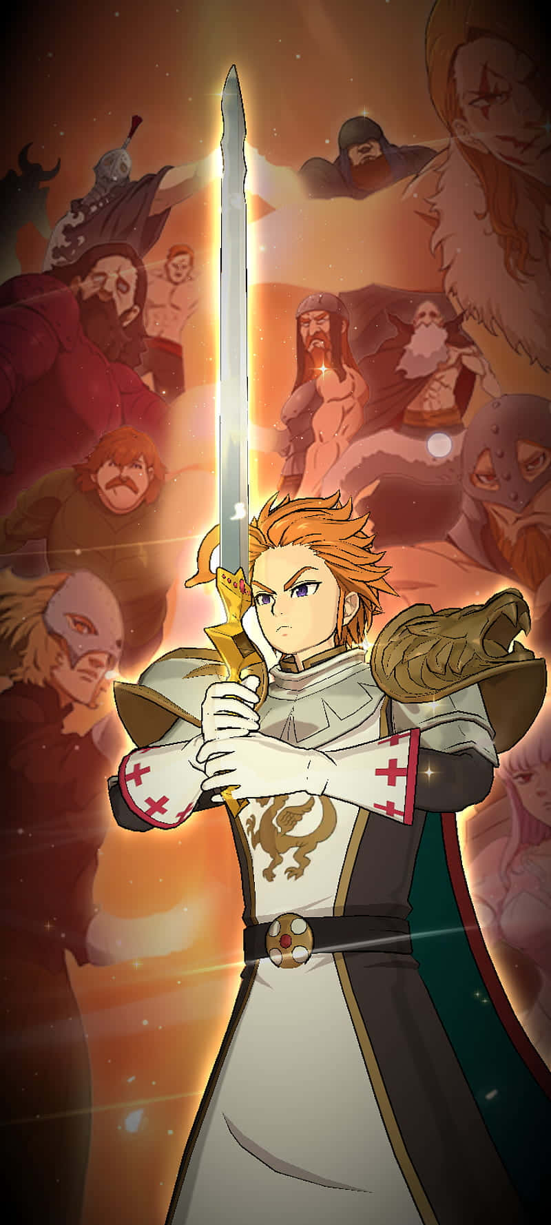 Seven Deadly Sins Arthur Pendragon 桌布 壁紙 — 一位堅定的動漫騎士，橙色頭髮，握著發光的劍，站在火熱天空下陰影戰士的背景前。