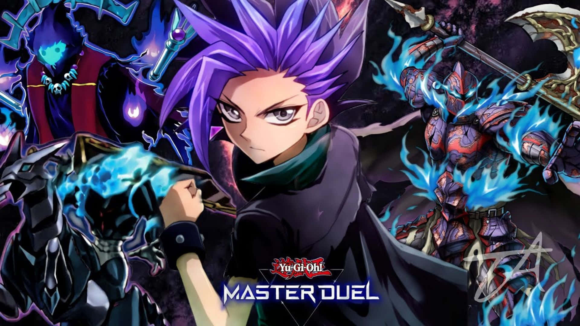 Yu-gi-oh Yuto 桌布 壁紙 — 一位堅定的動畫決鬥者，擁有尖刺紫色頭髮，引導藍色能量，而怪獸卡牌在他周圍激烈戰鬥。