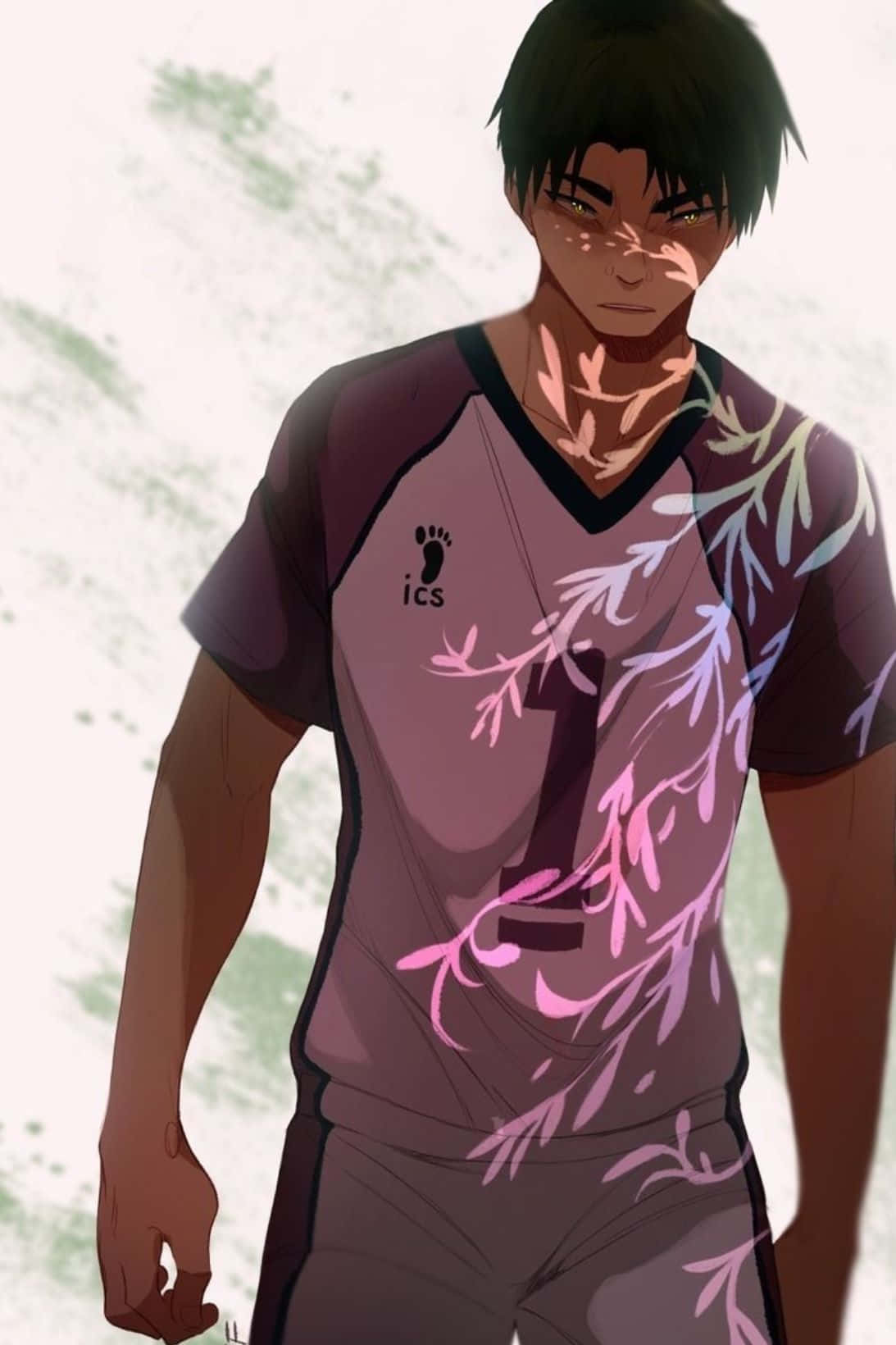 Ushijima Wakatoshi 桌布 壁紙 — 一位堅定的動畫男性運動員，身穿帶有粉紅色葉子圖案的紫色運動球衣，站在柔和的模糊背景前。