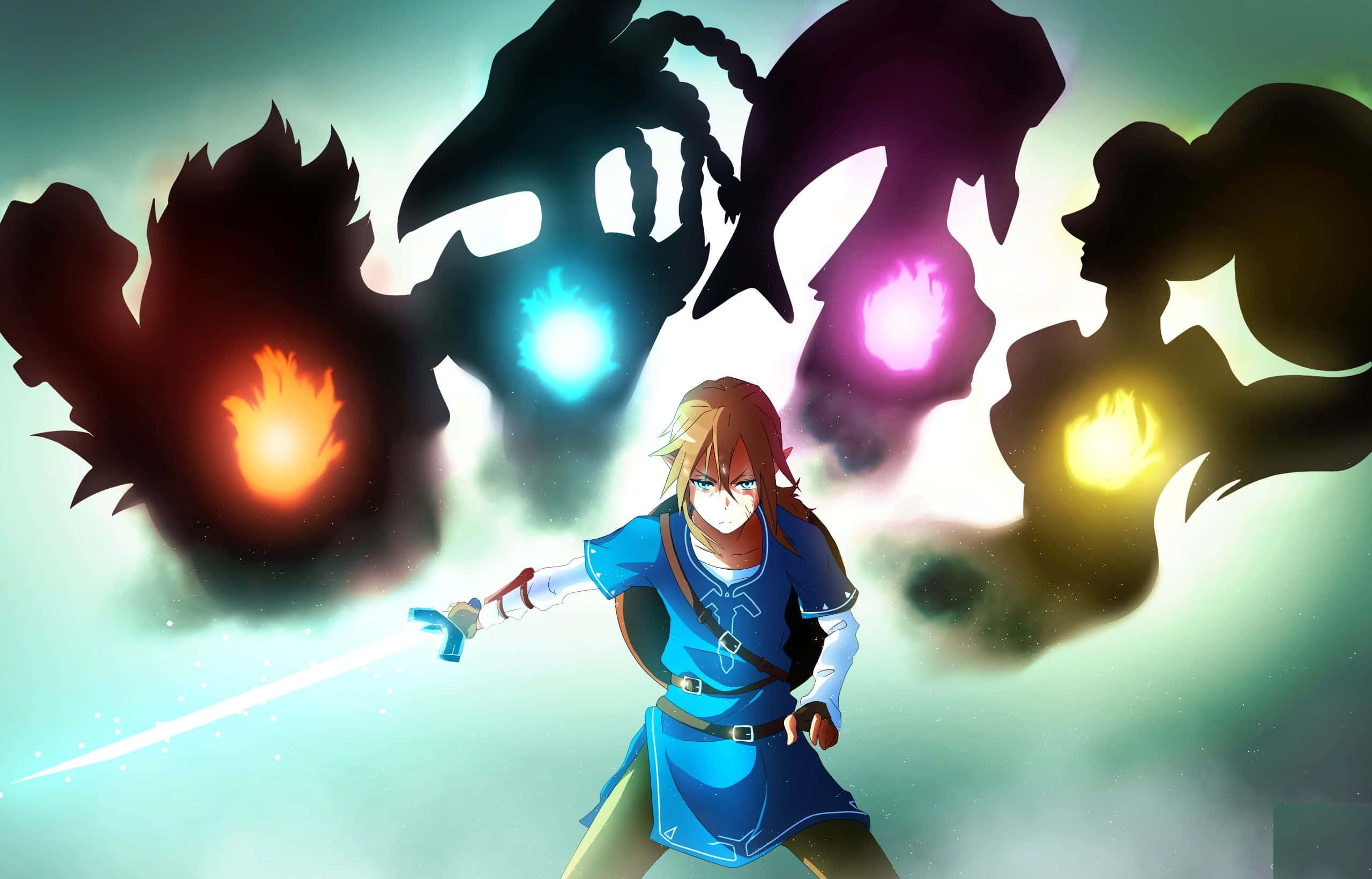 The Legend Of Zelda Revali 桌布 壁紙 — 一位堅定的動畫英雄揮舞著發光的劍，對抗四個散發著熾熱魔法核心的陰影怪物。