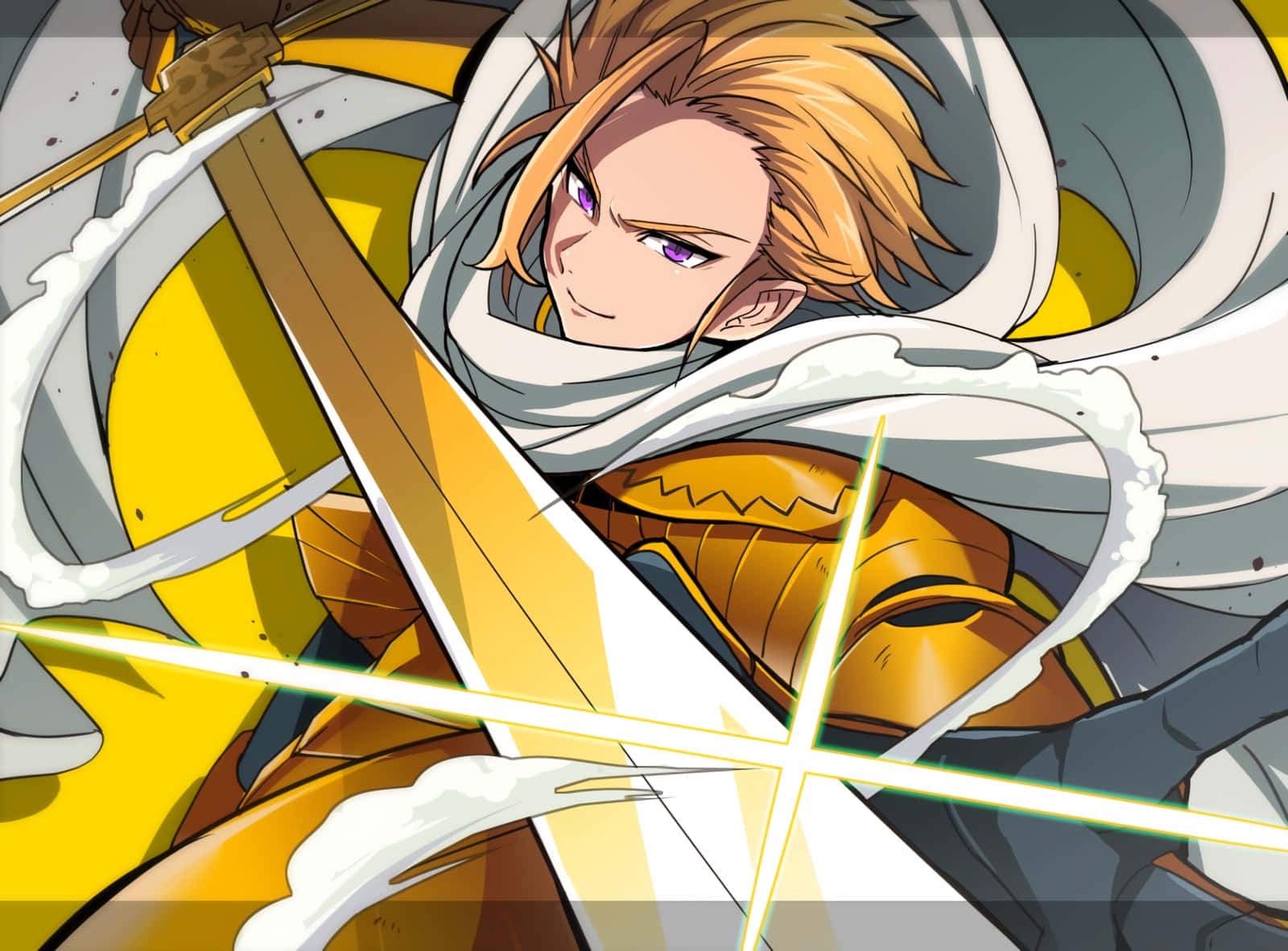 Seven Deadly Sins Arthur Pendragon 桌布 壁紙 — 一位堅定的動畫騎士，金髮紫眼，在旋轉的白色布料和黃色點綴中揮舞著發光的劍。
