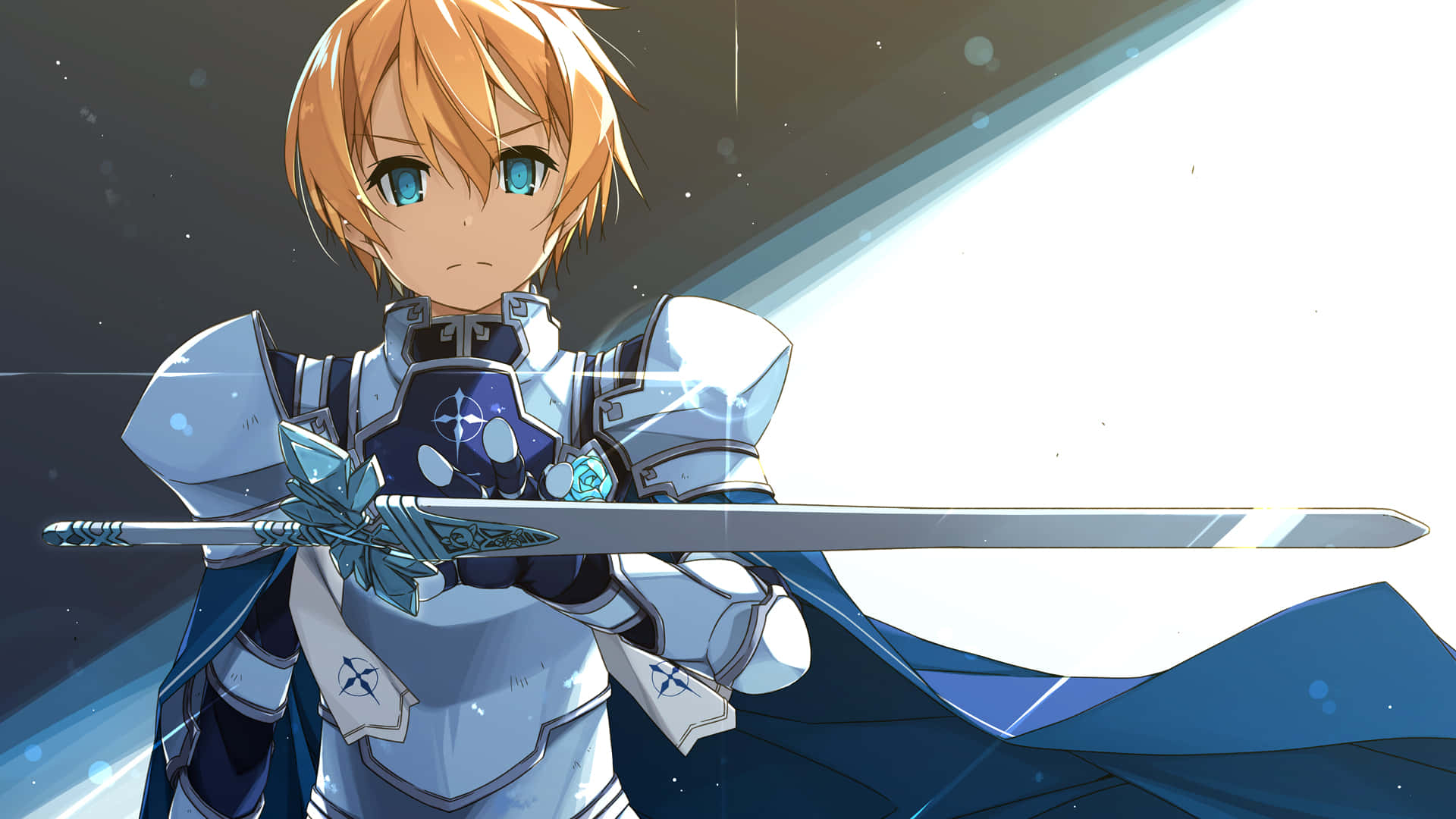 Sword Art Online Eugeo 桌布 壁紙 — 一位堅定的動畫騎士，金髮藍眼，手持發光劍對抗明亮光束。
