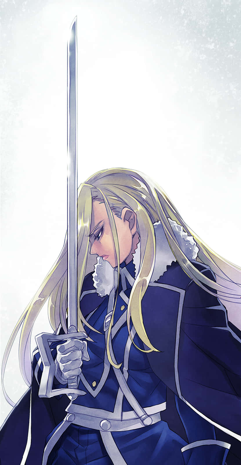 Olivier Mira Armstrong 桌布 壁紙 — 一位堅定的動畫騎士，長長的金髮，在明亮的雪景背景下握著一把閃閃發光的劍。