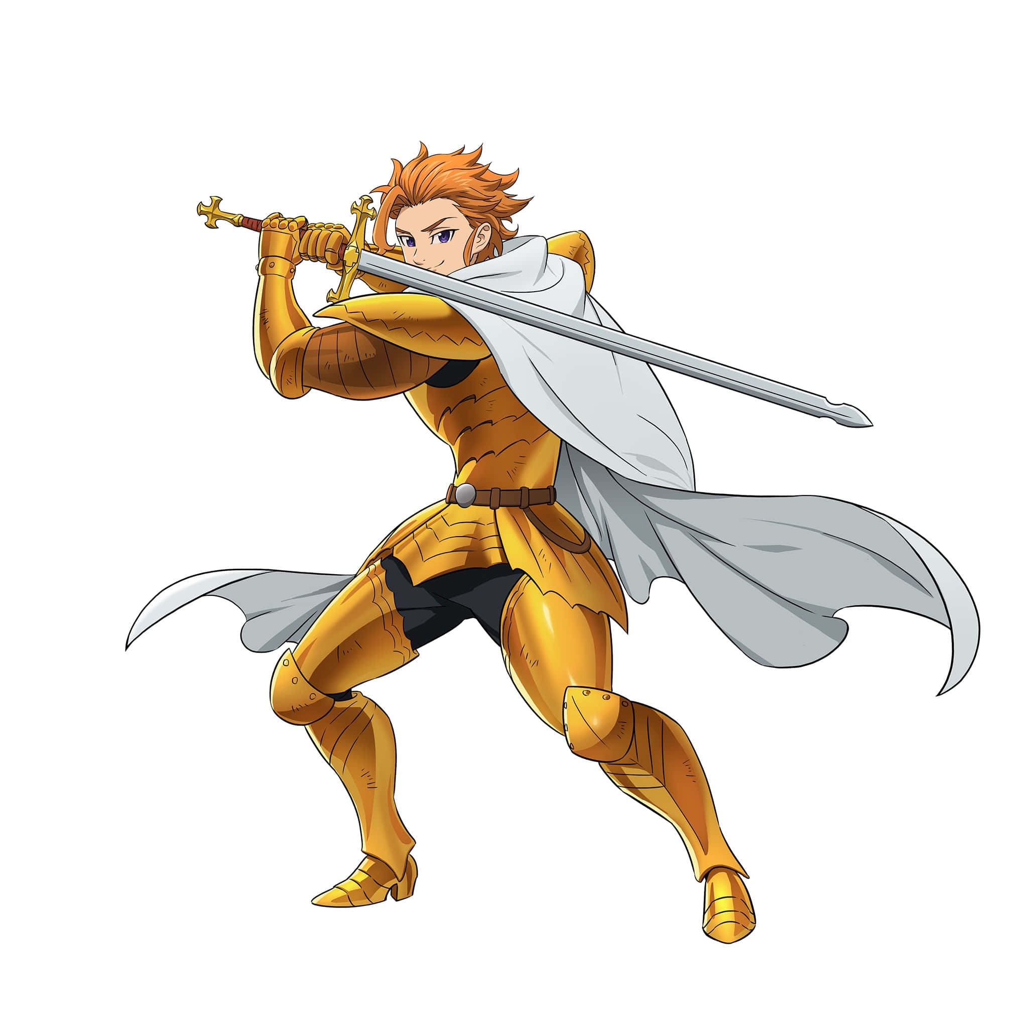Seven Deadly Sins Arthur Pendragon 桌布 壁紙 — 一位堅定的動畫騎士身穿金色盔甲，在純色背景前揮舞著劍，白色斗篷飄揚。