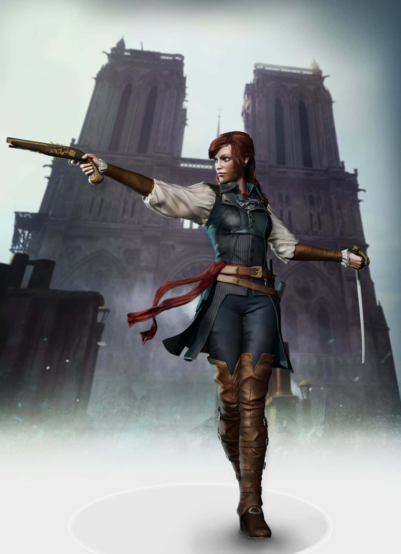 élise De La Serre 桌布 壁紙 — 一位堅定的女戰士身穿歷史盔甲，手持手槍和劍，站在標誌性的巴黎聖母院前。