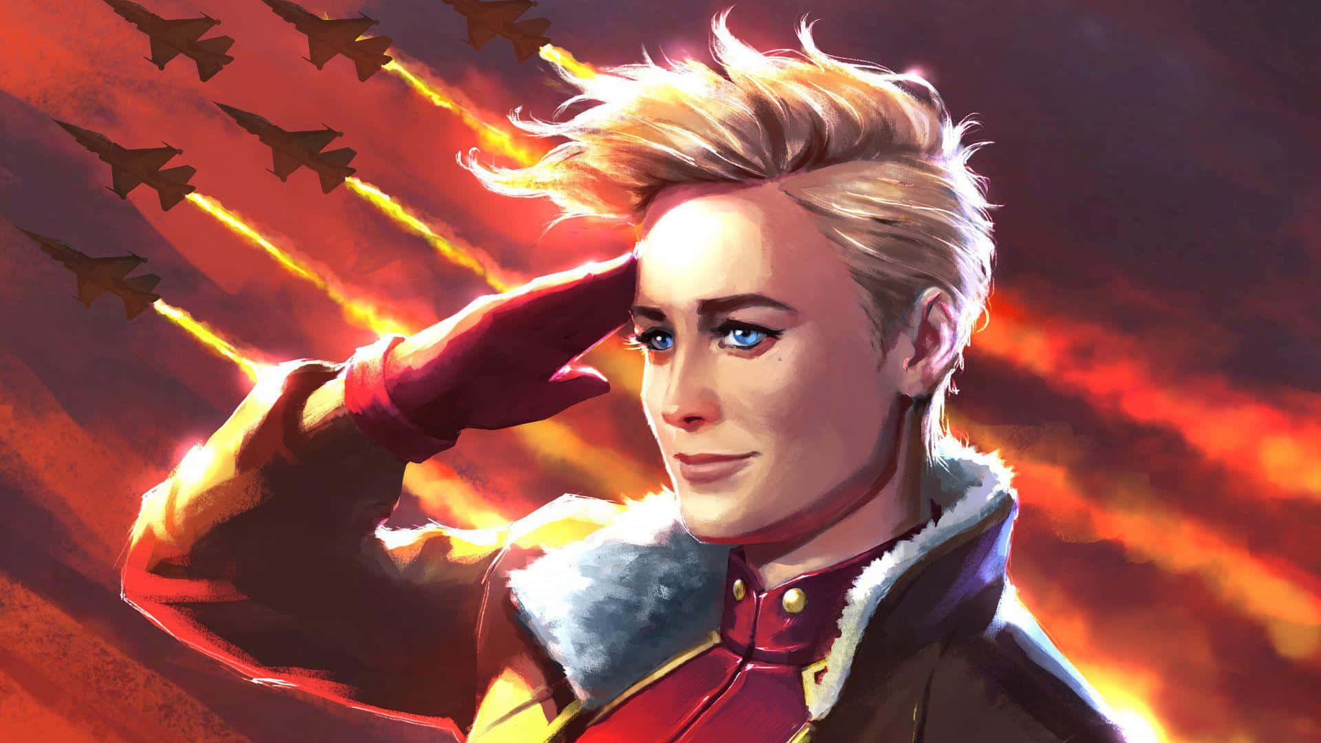 Captain Marvel HD 桌布 壁紙 — 一位堅定的女機師在火紅的天空下敬禮，戰鬥機以同步編隊呼嘯而過。