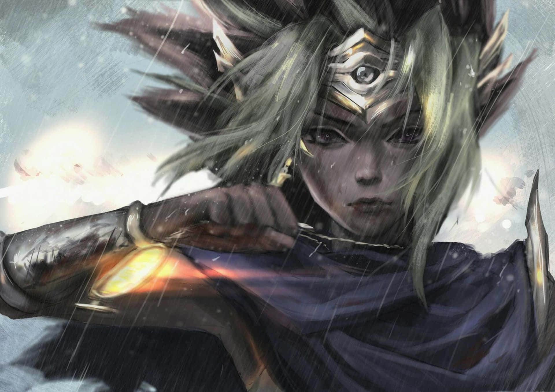 Yugi Muto 桌布 壁紙 — 一位堅定的戰士，銀髮閃耀，戴著發光護手，站在暴風雨中，雨水劃破空氣，他們緊握武器。