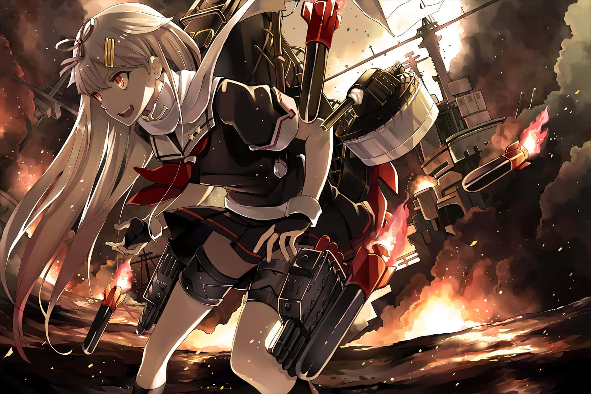 Kantai Collection 桌布 壁紙 — 一位堅定的白髮動漫女孩在戰艦爆炸的火焰戰場中發射大炮。