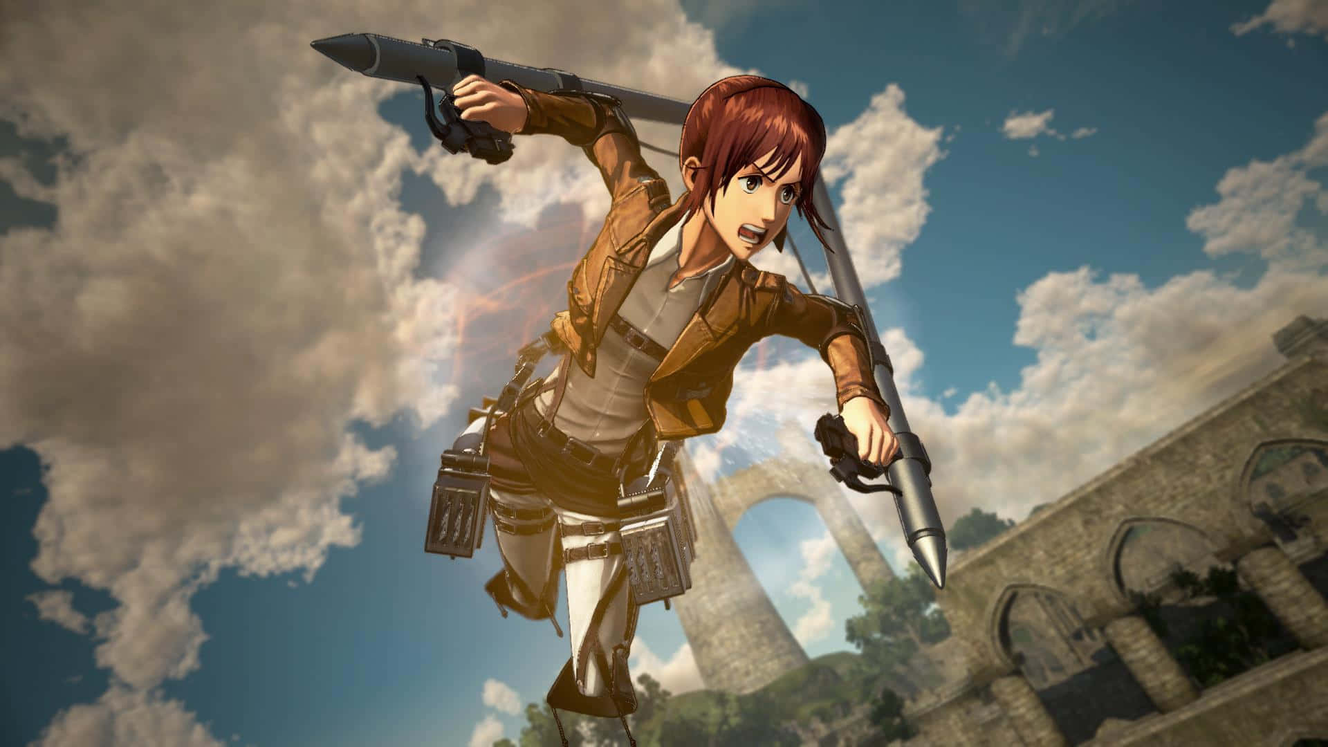Aot 2 Final Battle 桌布 壁紙 — 一位堅定的紅髮動畫女孩在陰雲密佈的天空中翱翔，揮舞著一把長矛，身穿裝備，背景是古老的石頭廢墟。