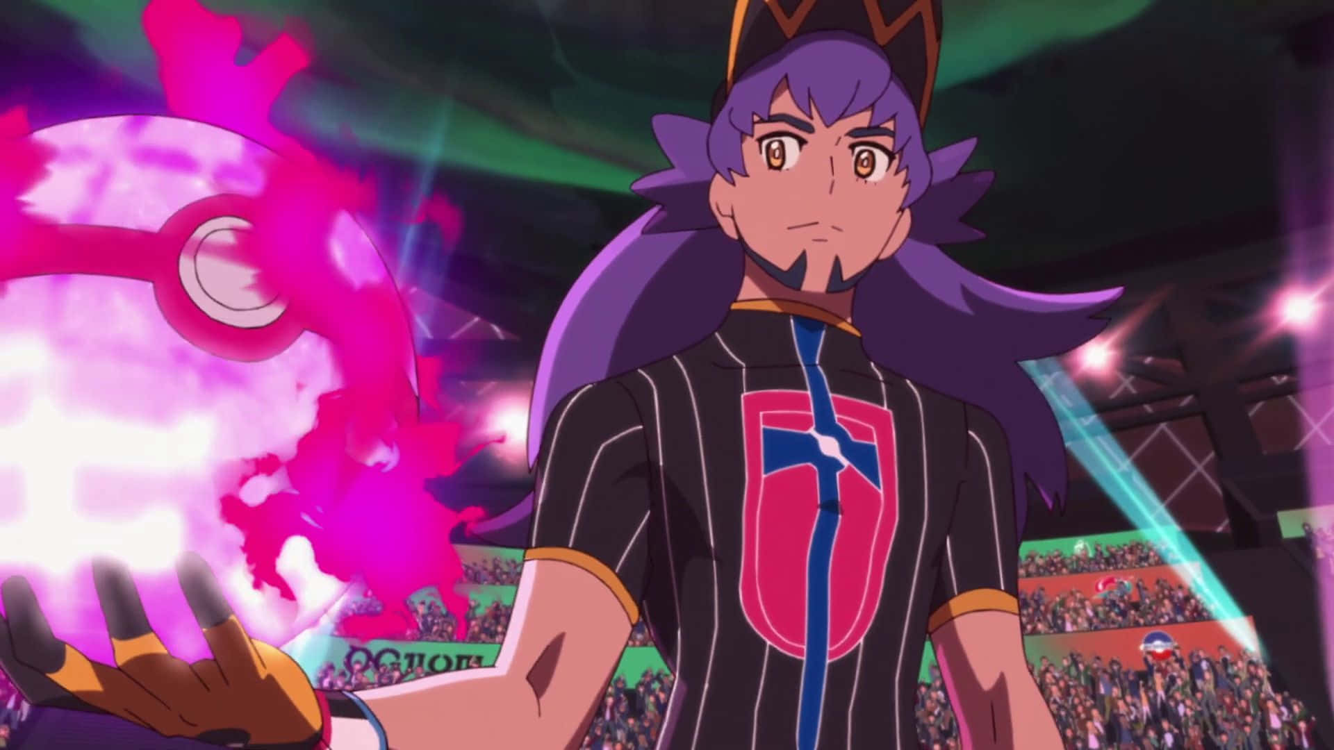 Pokemon Tv Shows 桌布 壁紙 — 一位堅定的紫髮動漫訓練師在充滿歡呼人群的活力體育館中引導發光的粉紅色精靈球。