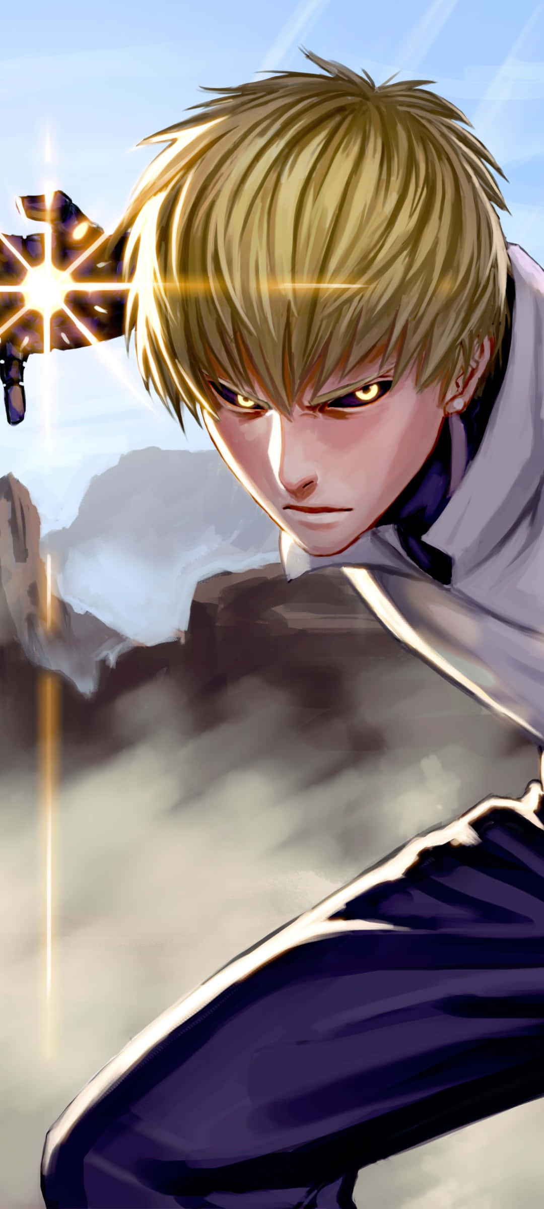 Genos 桌布 壁紙 — 一位堅定的金髮動漫戰士，擁有發光的眼睛和星形武器，在霧氣繚繞的山景背景下蓄勢待發。