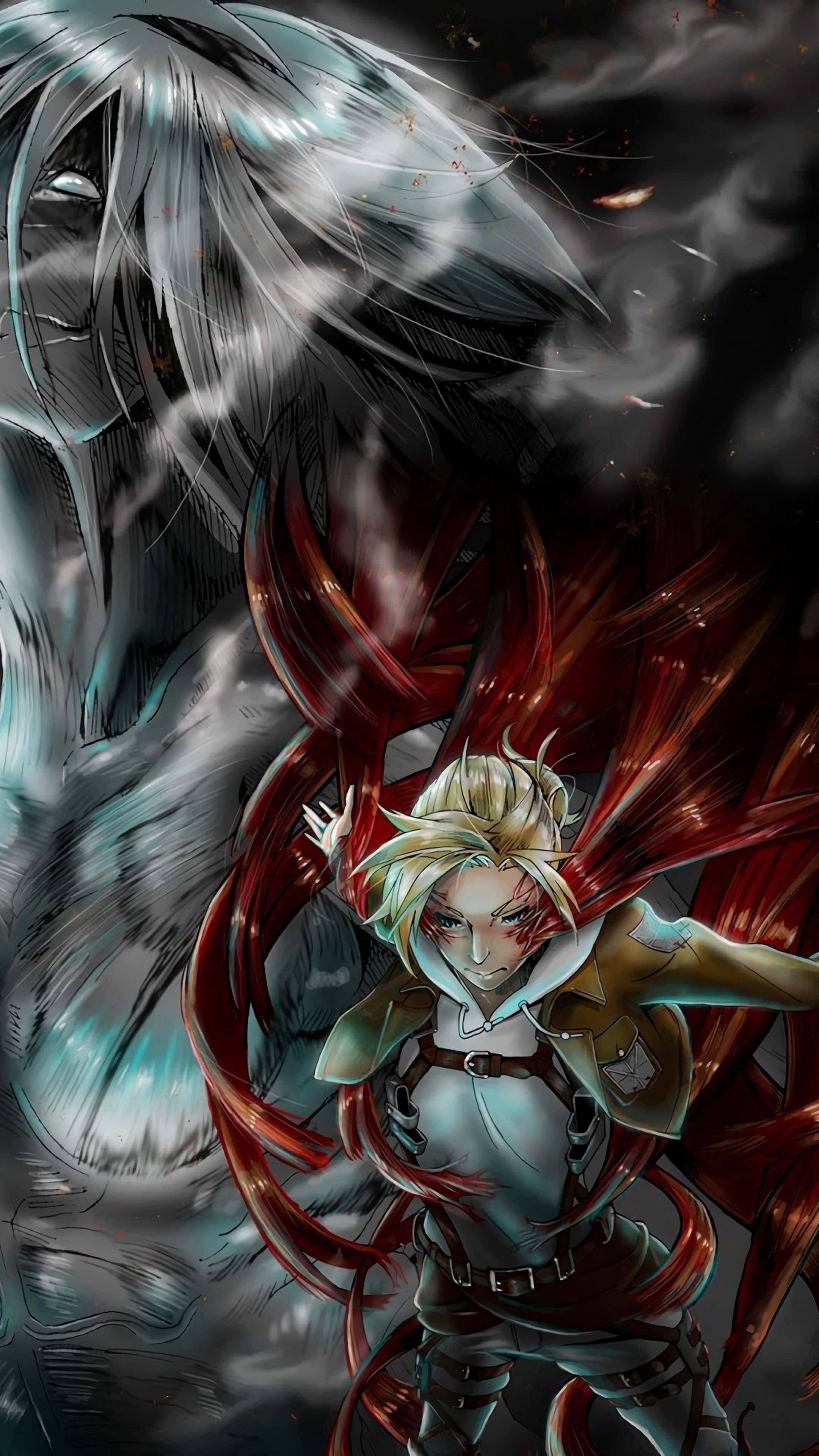 Annie Leonhart 桌布 壁紙 — 一位堅定的金髮動漫戰士，繫著紅色絲帶，在黑暗的暴風雨中與高聳的陰影巨人交戰。