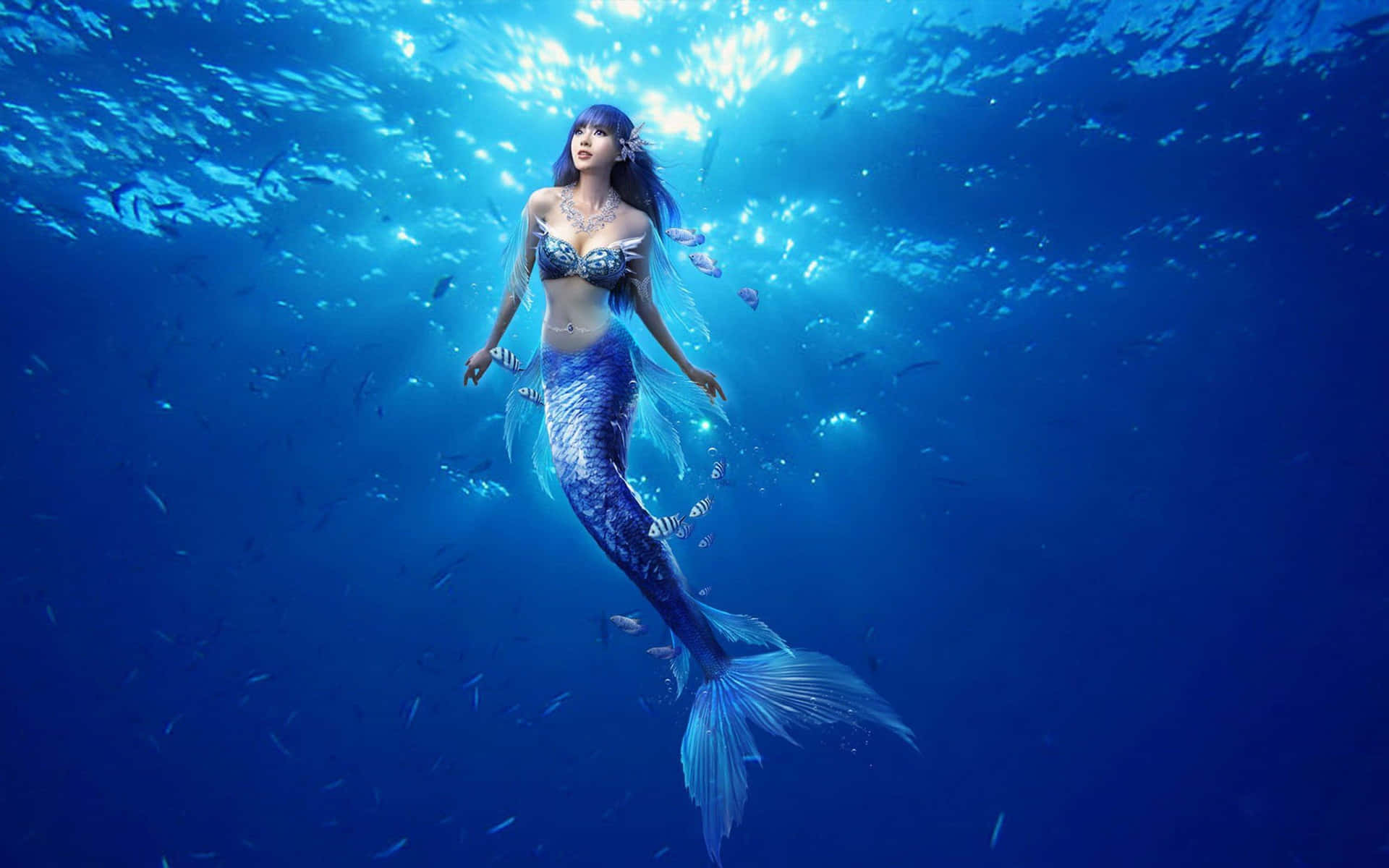 一位藍色頭髮和尾巴的人魚在陽光普照的海水中游泳，周圍有魚。