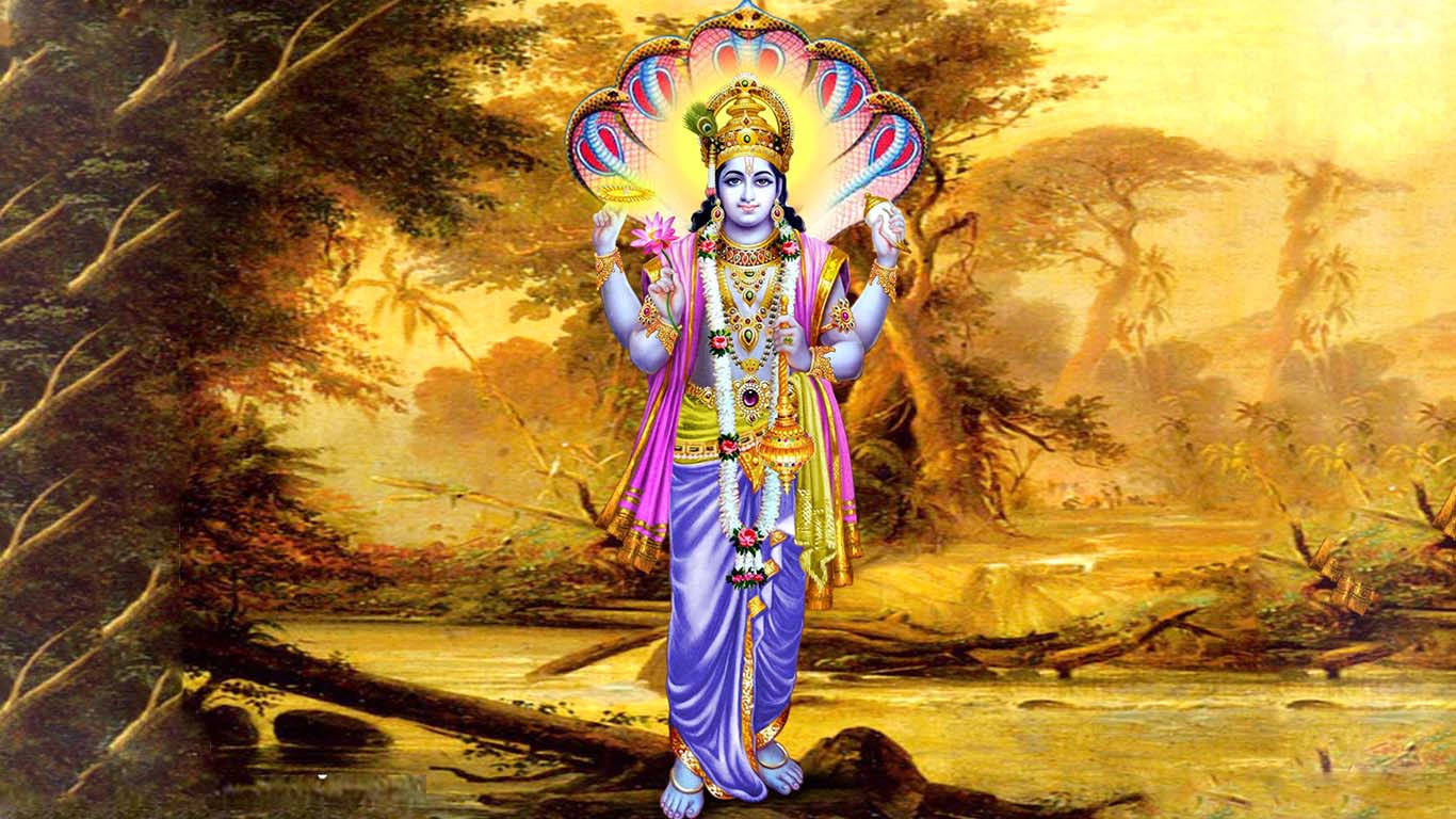 Vishnu 桌布 壁紙 — 一位多臂、頭戴閃耀孔雀冠的神聖人物，優雅地站在金色森林中的河邊。