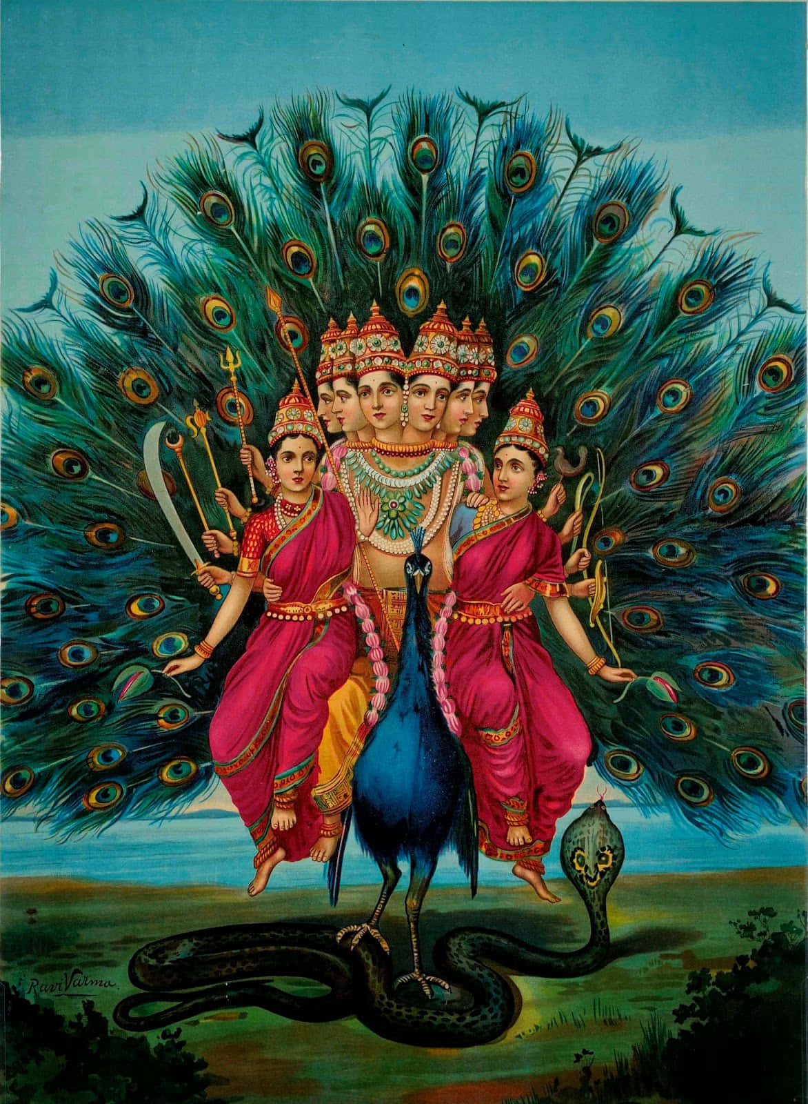 Murugan 桌布 壁紙 — 一位多頭印度教神祇，帶有孔雀羽毛和一隻藍孔雀，站在一條盤繞的蛇上，背景是寧靜的天空。