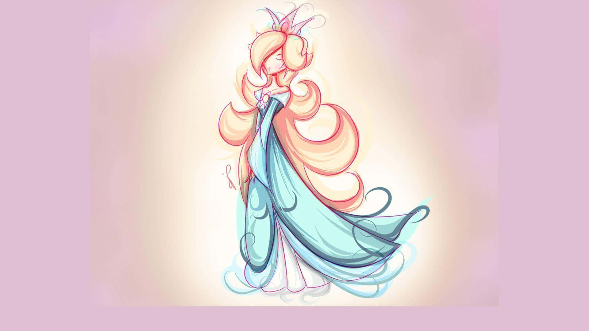 Princess Rosalina 桌布 壁紙 — 一位夢幻的動漫公主，擁有飄逸的蜜桃色頭髮和藍色禮服，優雅地站在柔和的粉彩漸變背景前。