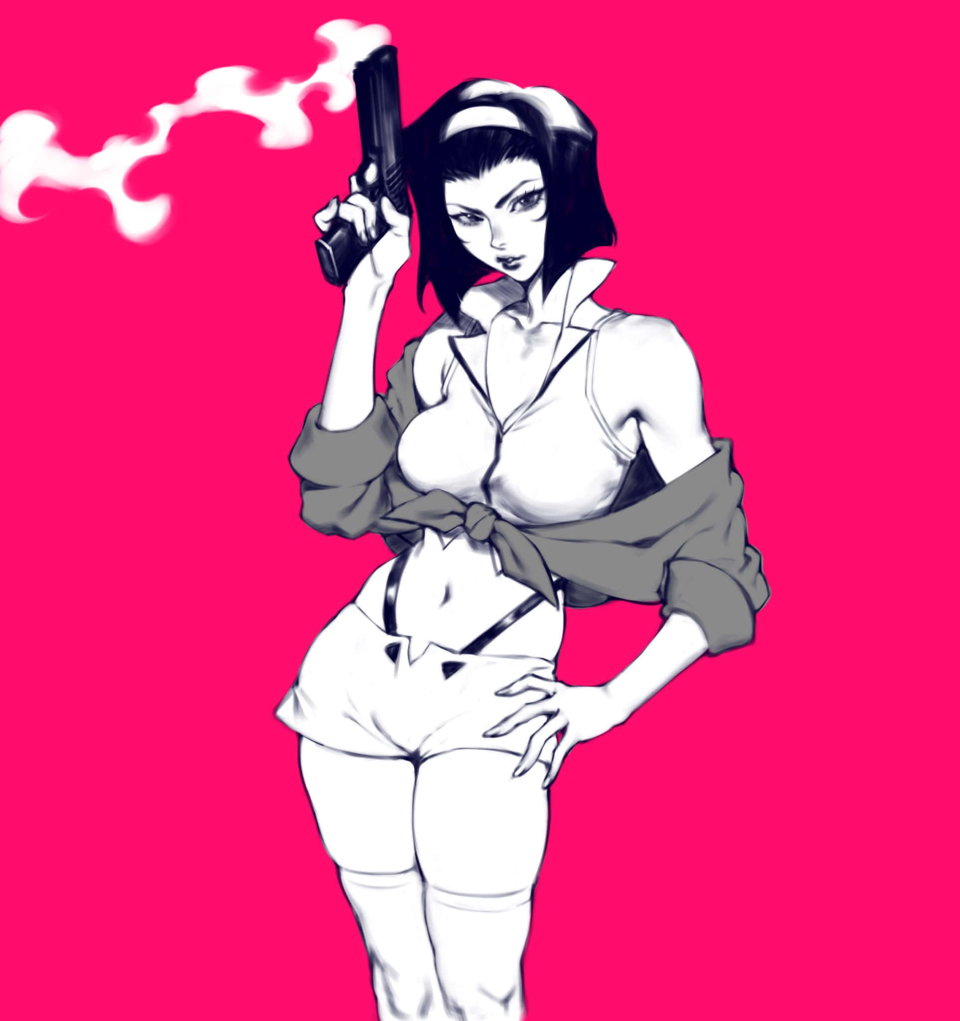 Faye Valentine 桌布 壁紙 — 一位大膽的動漫風格黑白女性，在鮮豔的粉紅色背景前握著冒煙的手槍。