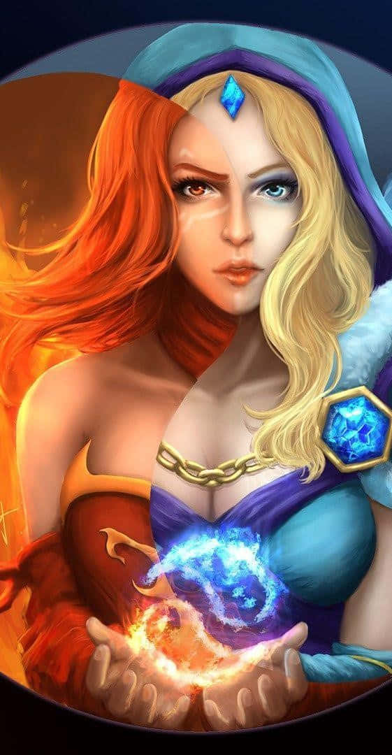 Crystal Maiden 桌布 壁紙 — 一位奇幻女性，一半火紅頭髮一半冰霜金髮，手持旋轉的火焰與冰霜之球。